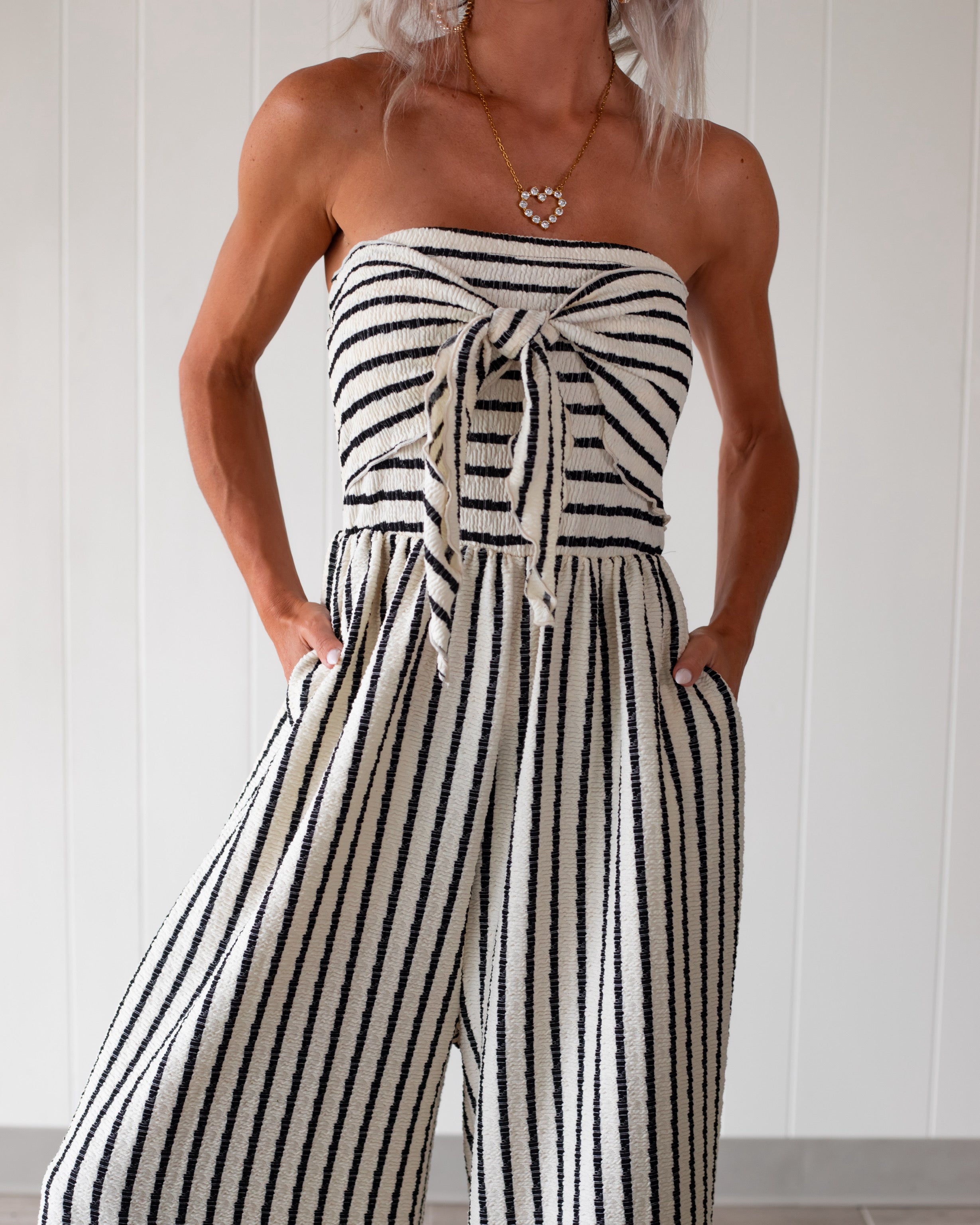 Knotted Up in Stripes Jumpsuit - White/Black