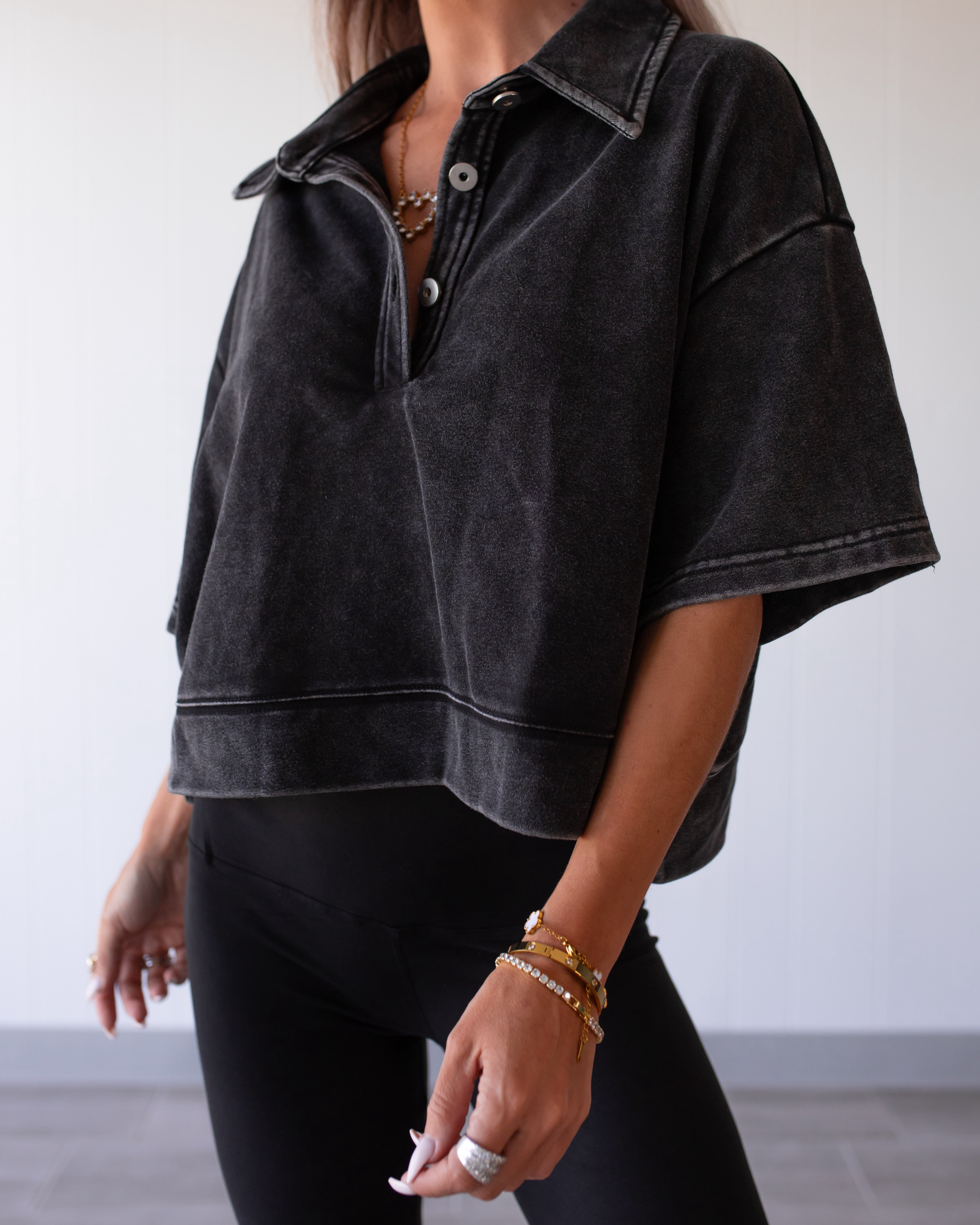 Modern Ease Cotton Terry Button Top - Black