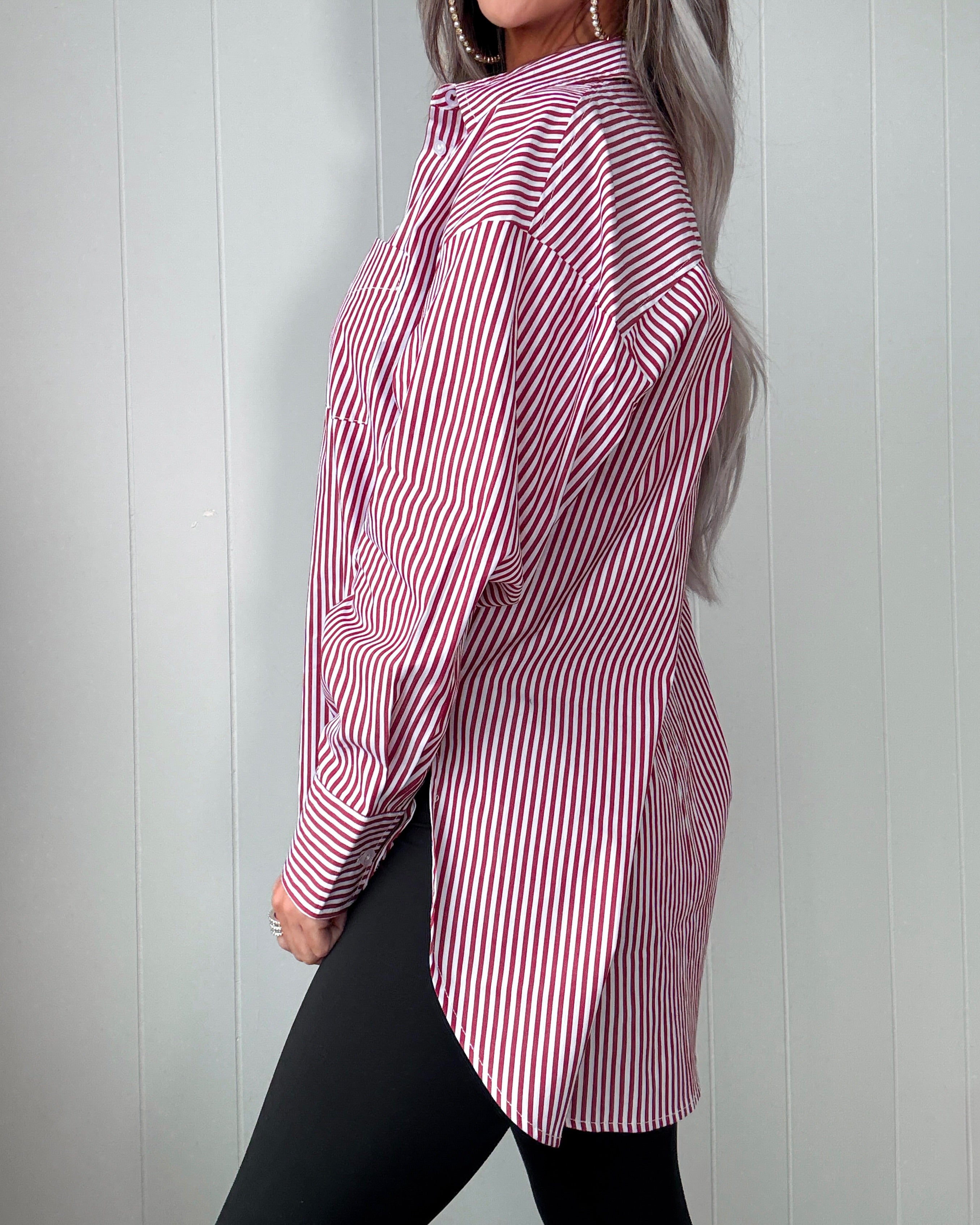 Bad At Love Button Down Stripe Top - Red