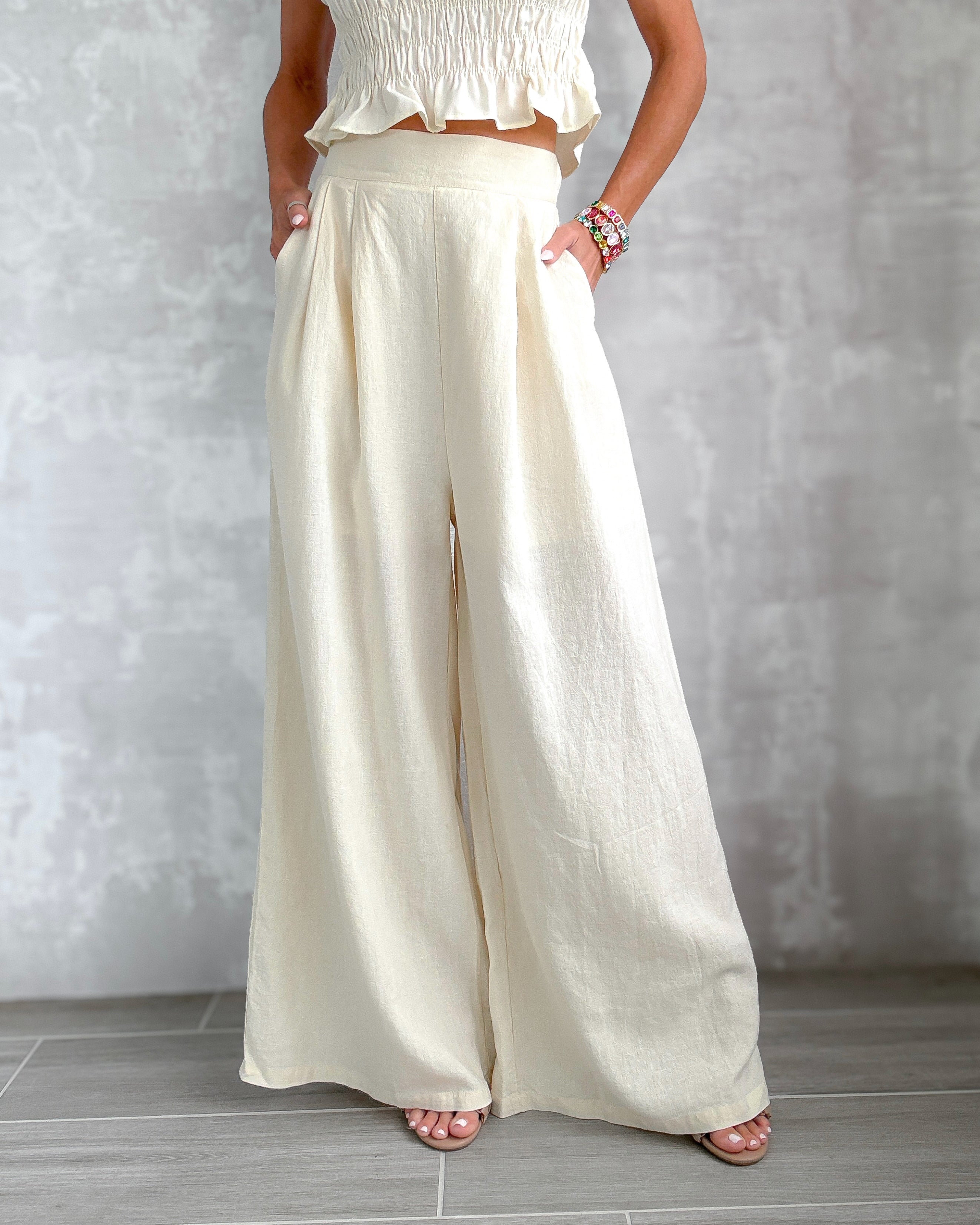 Sable Shore Wide Leg Linen Pants - Ecru