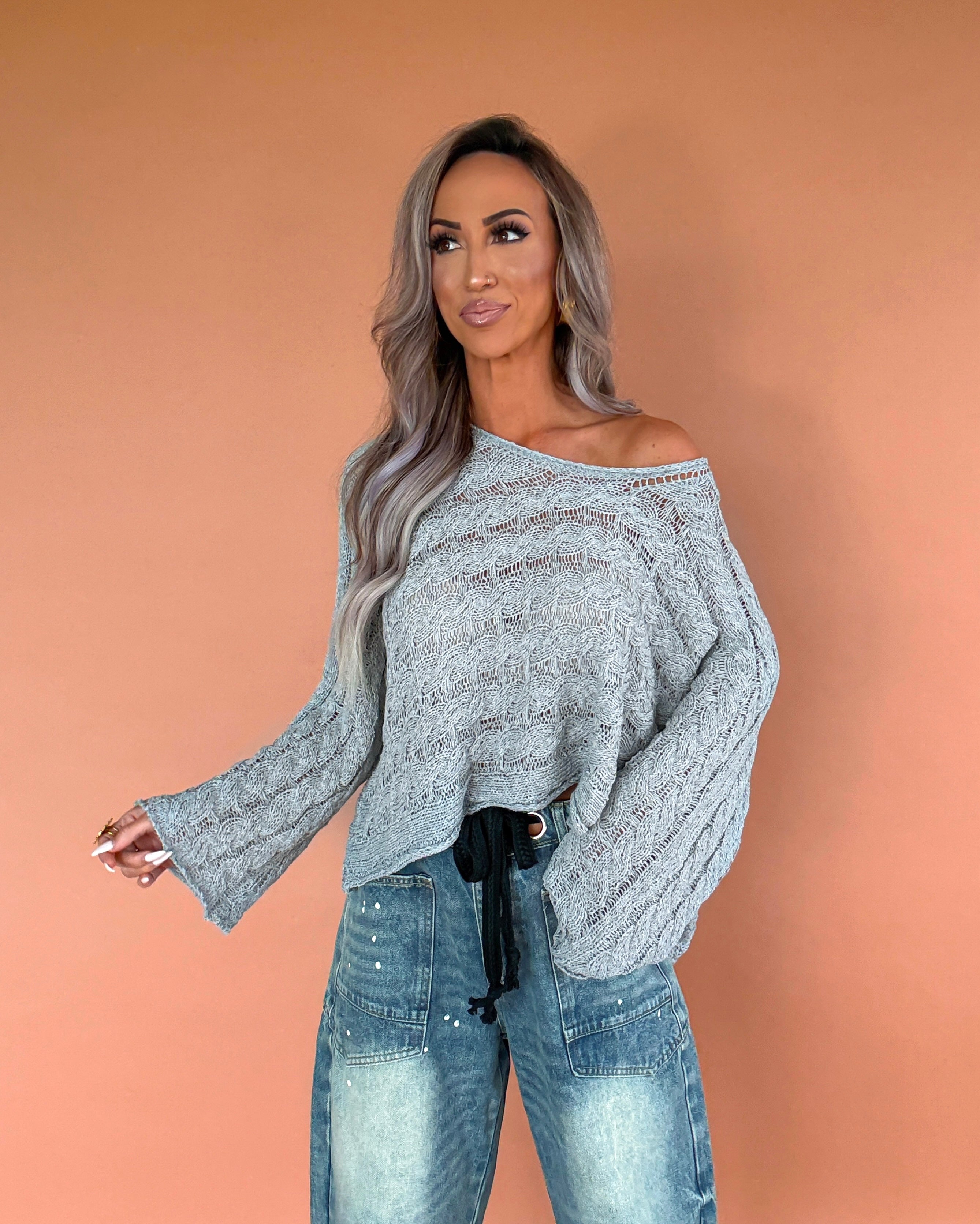 Woven Whimsy Cable Knit Sweater - Pale Grey