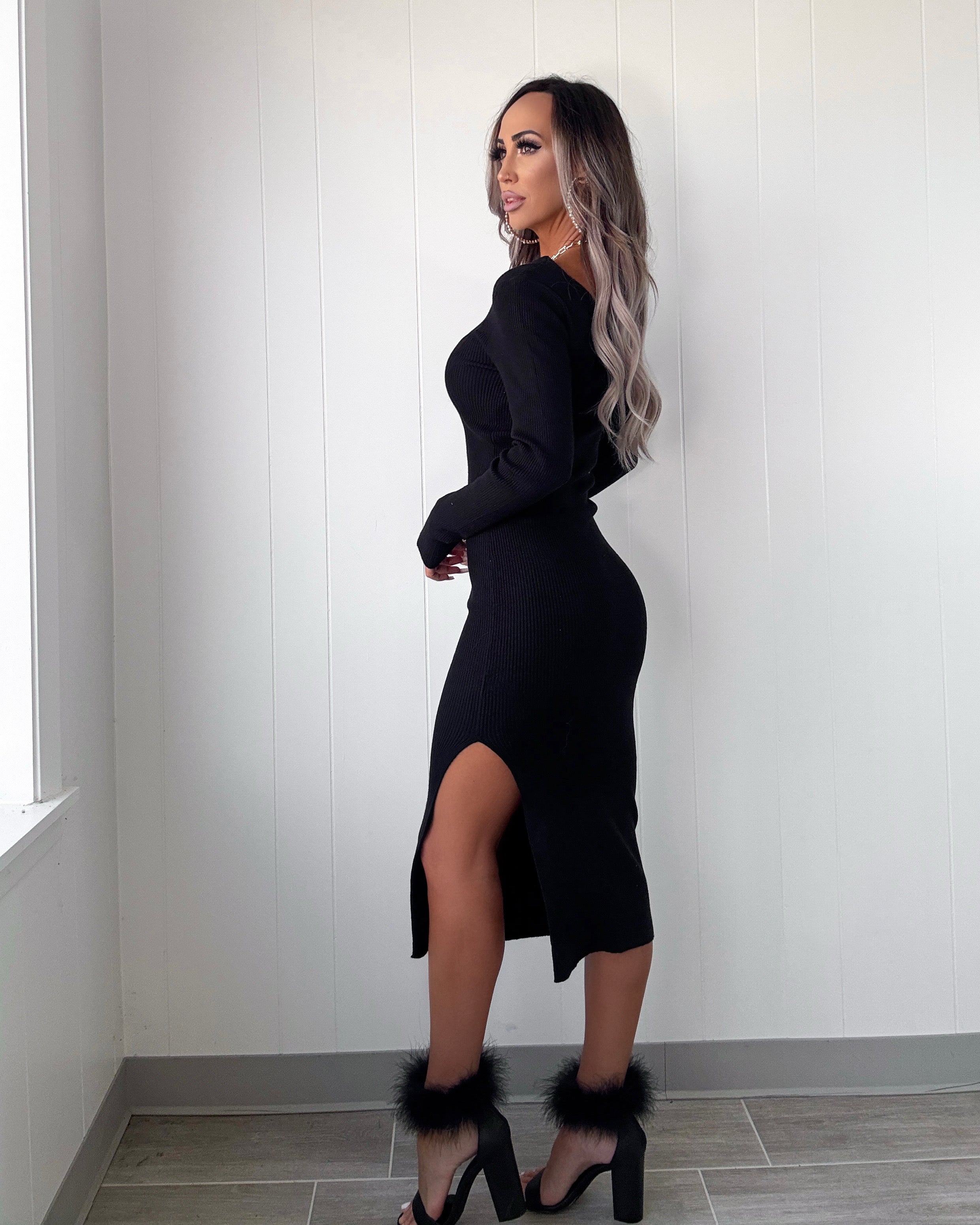 Sweet Haze Knit Midi Dress - Black