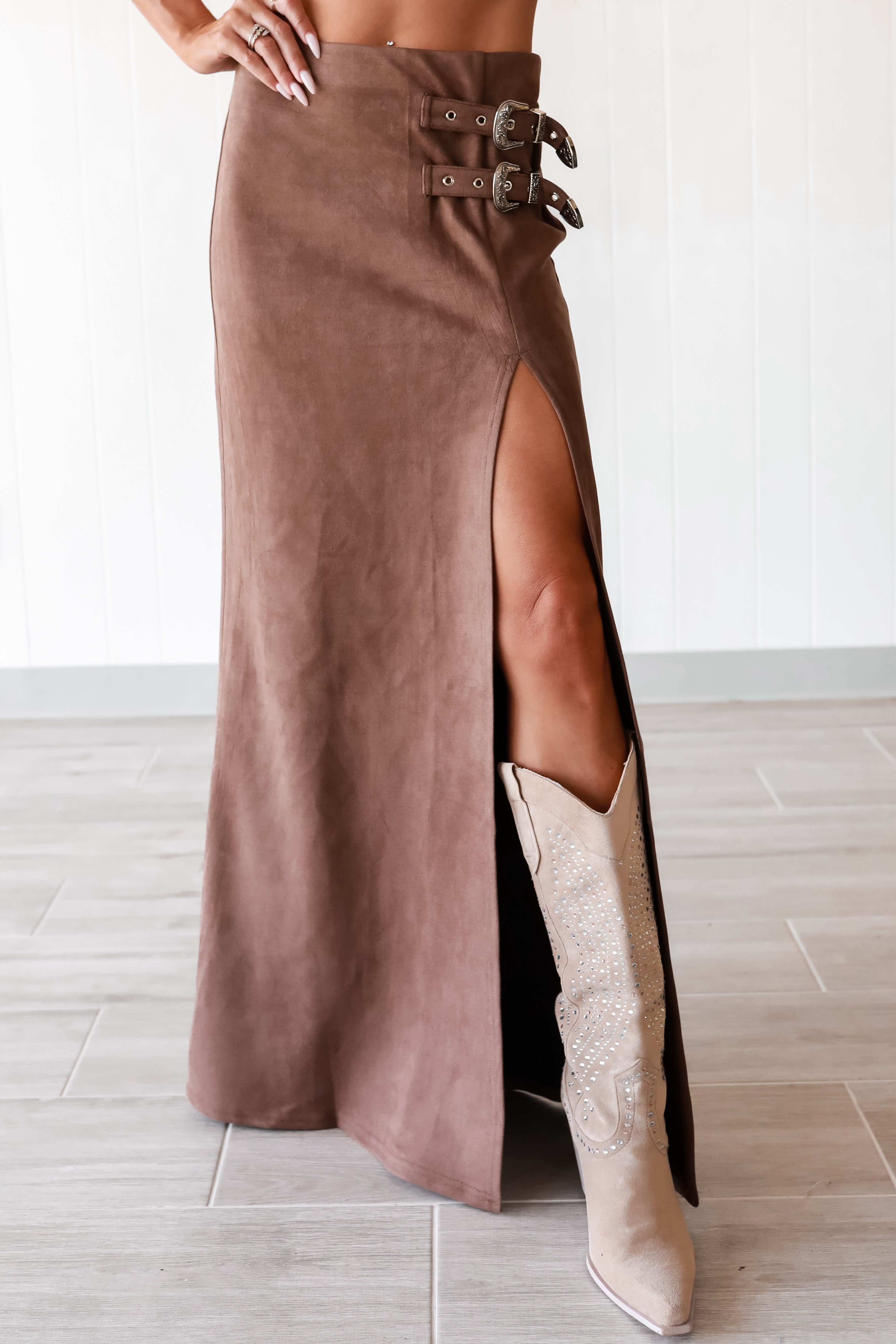 Risk Taker Buckle Suede Skirt - Brown