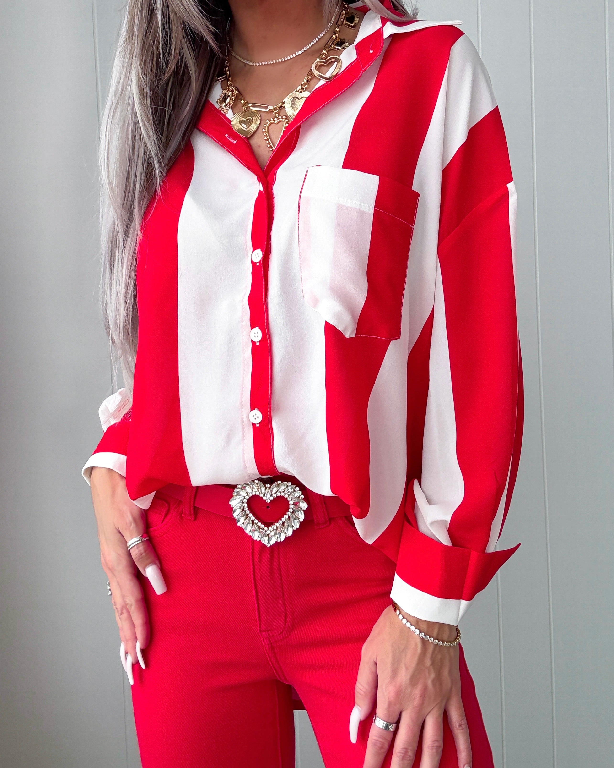 Twilight Stroll Striped Button Down Top - Red