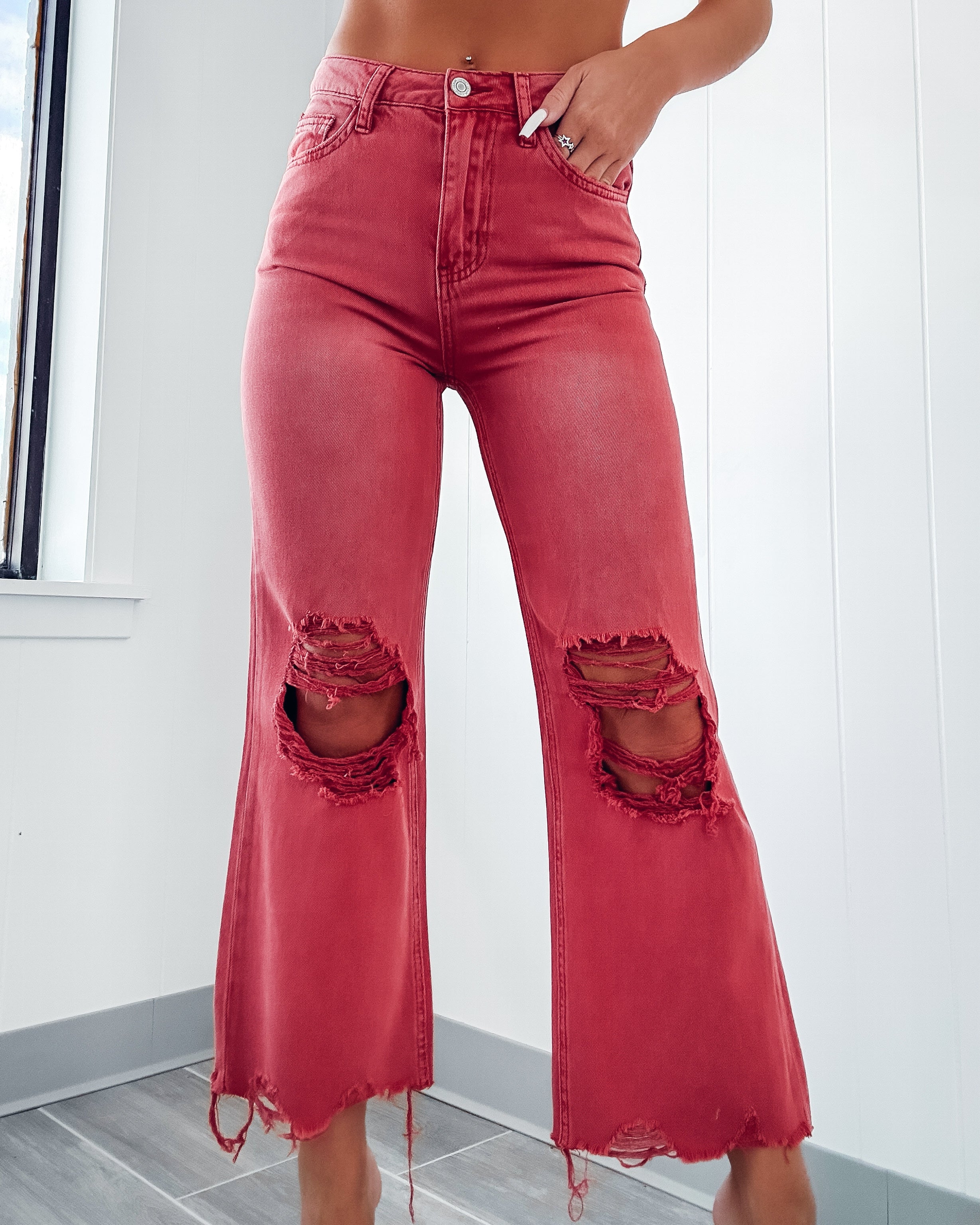 Retro Revival Cropped Flare Jeans - Candy Apple