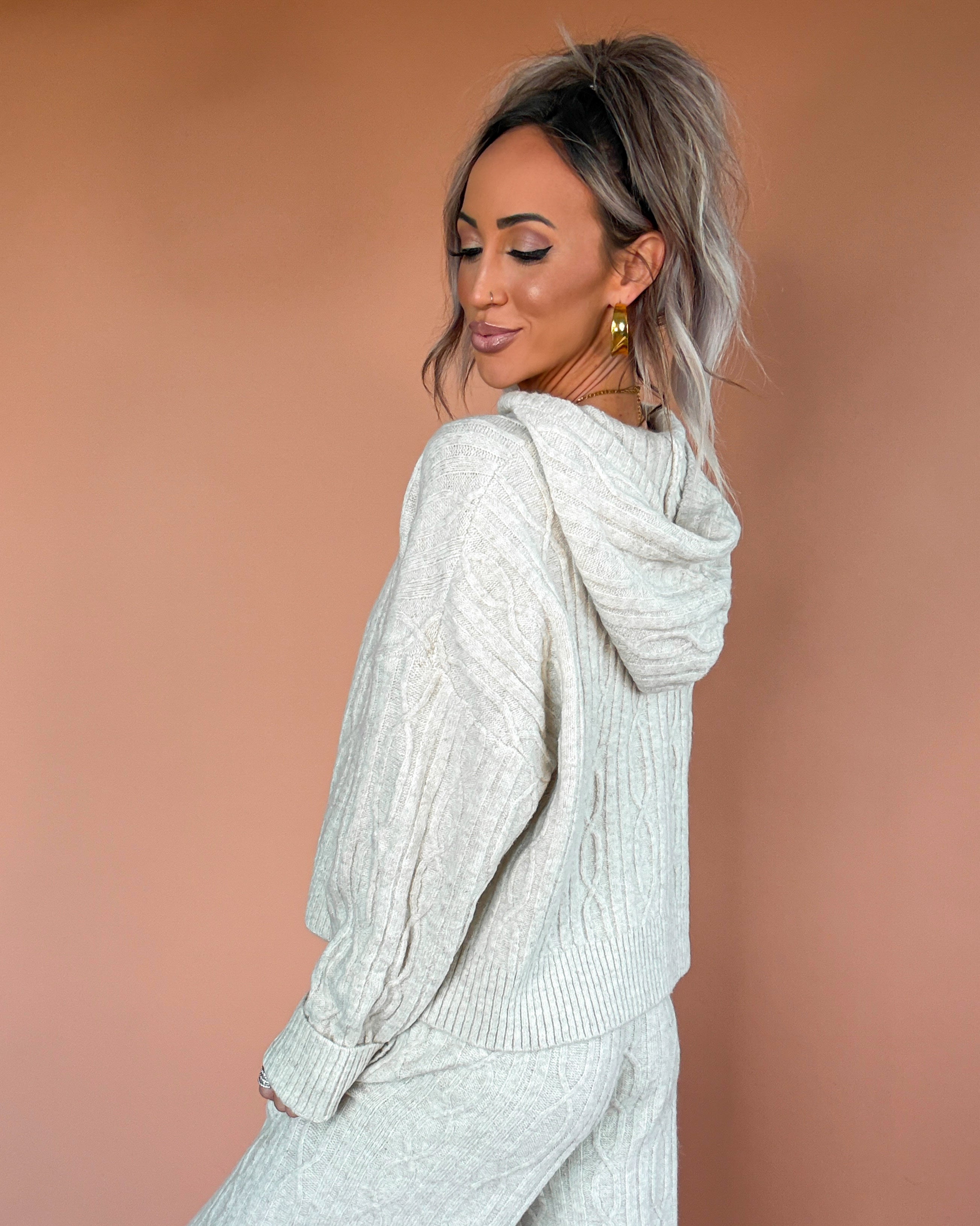 Winter Muse Cable Knit Wide Leg Pants Set - Oatmeal