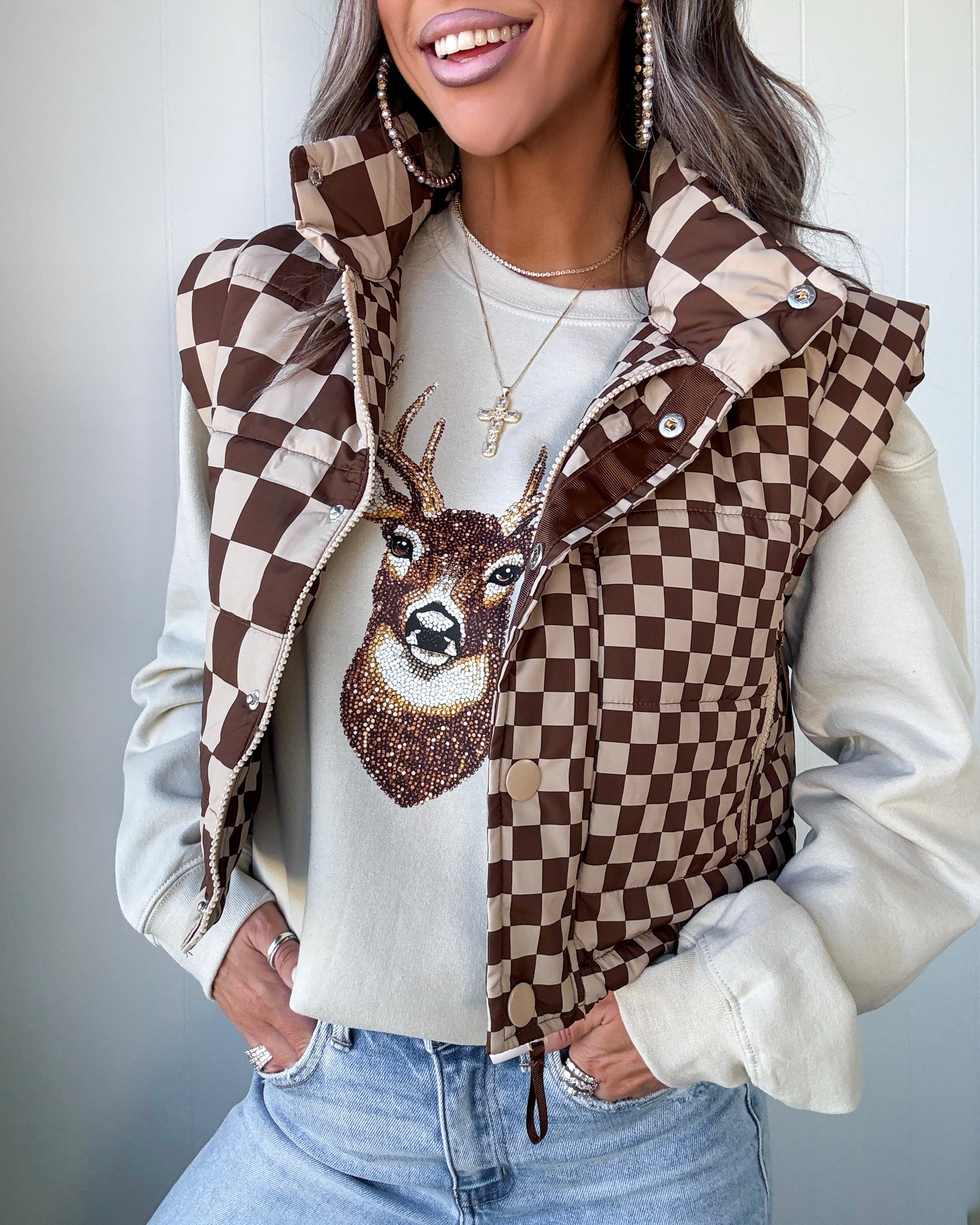 Checkered Cropped Puffer Vest - Brown