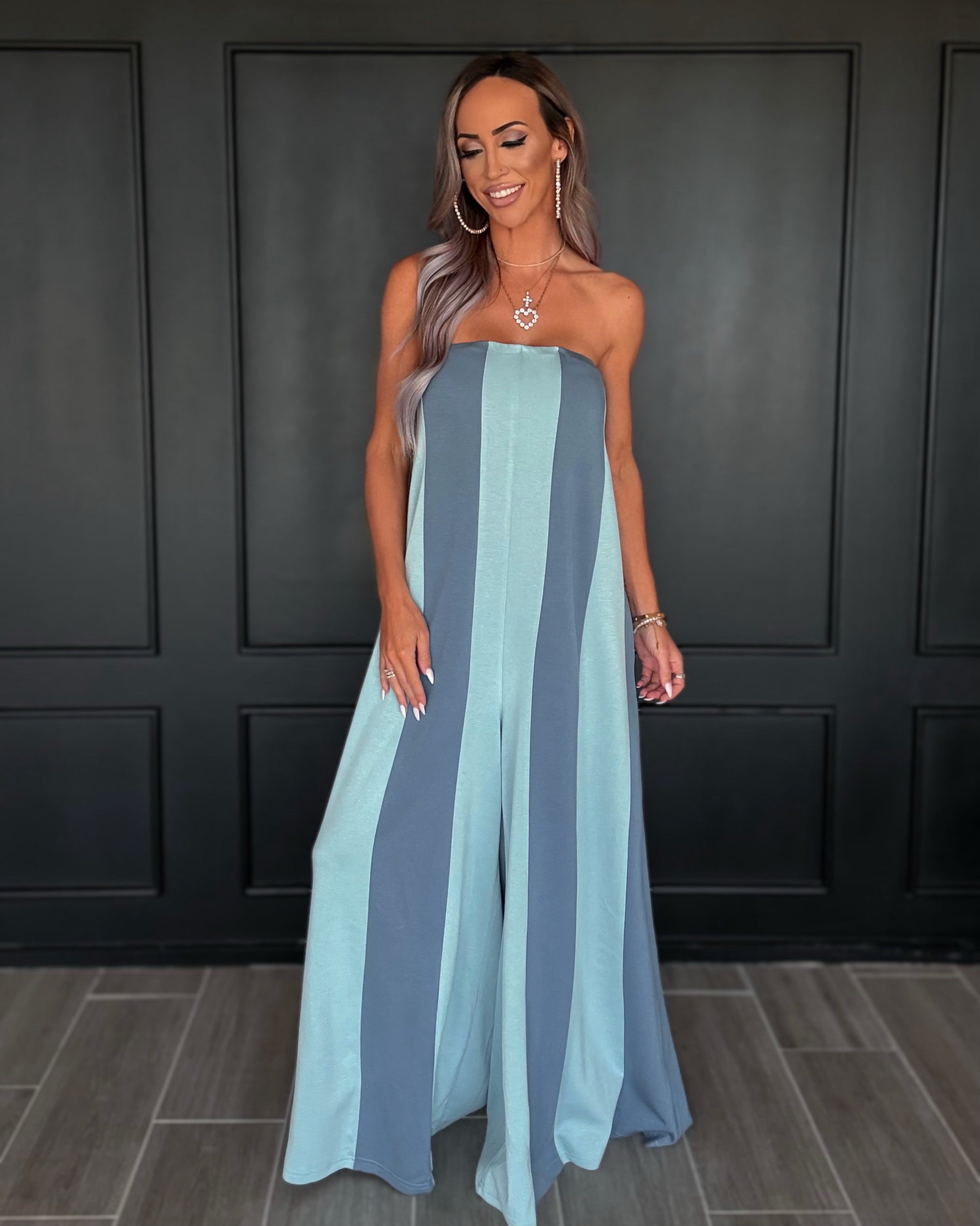 The Drew Strapless Striped Jumpsuit - Blue
