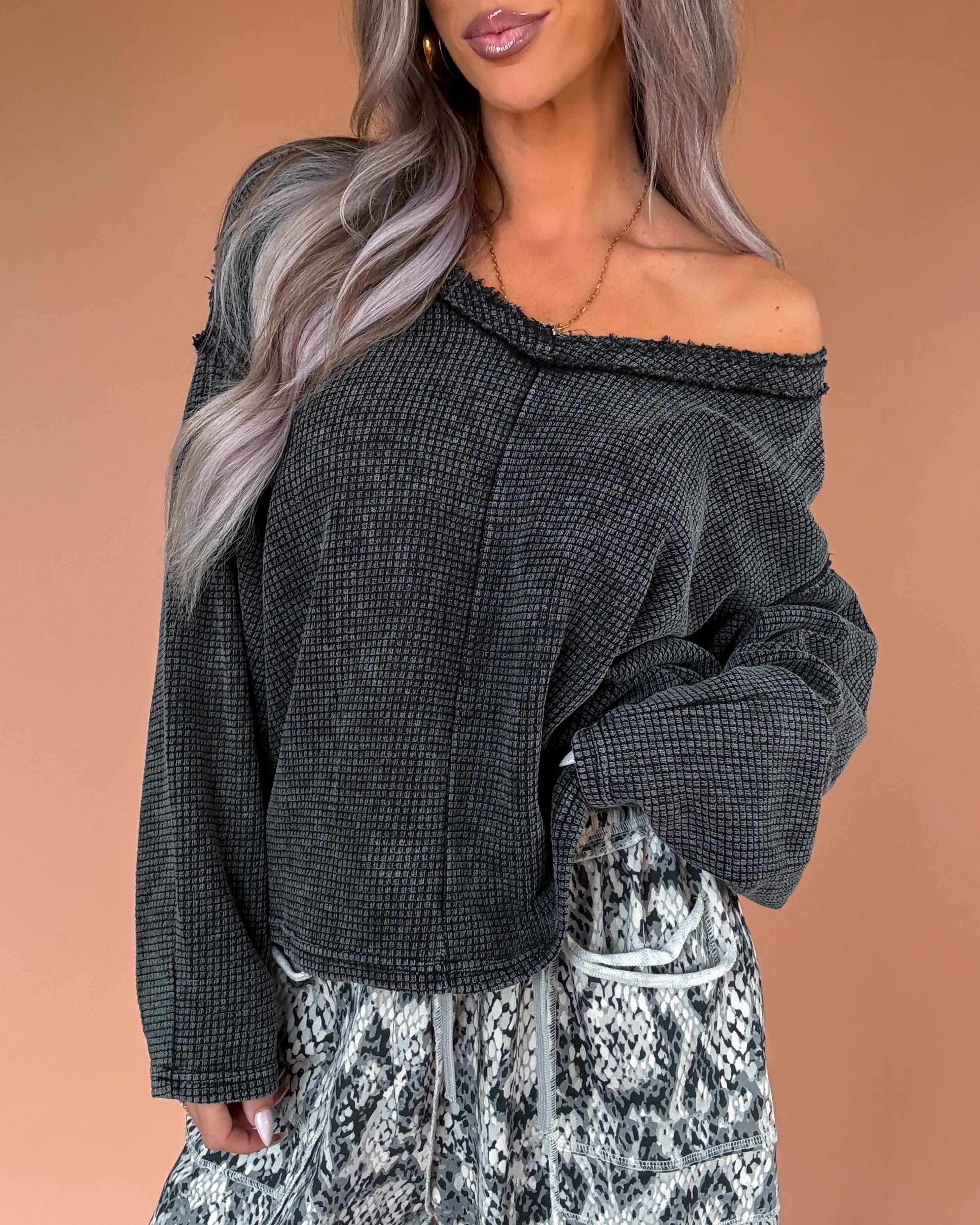 Waffle Knit Wanderer Top - Black