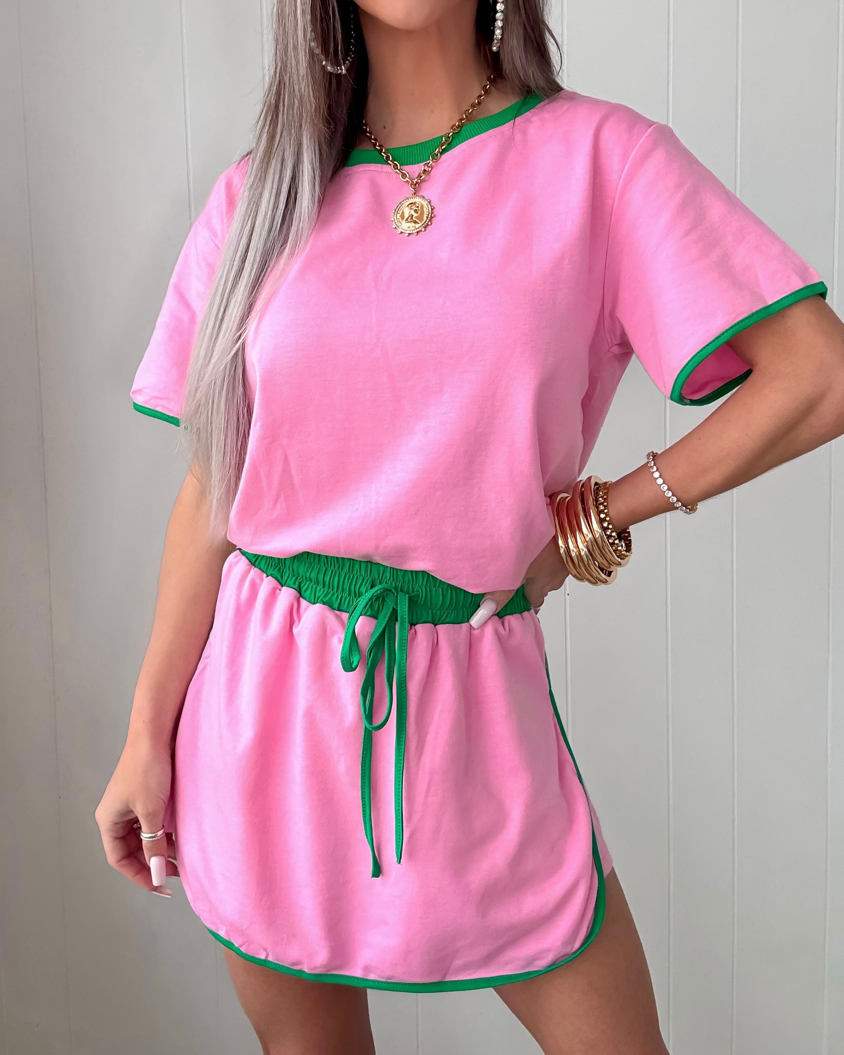 Color Edge Skirt Set - Pink/Green