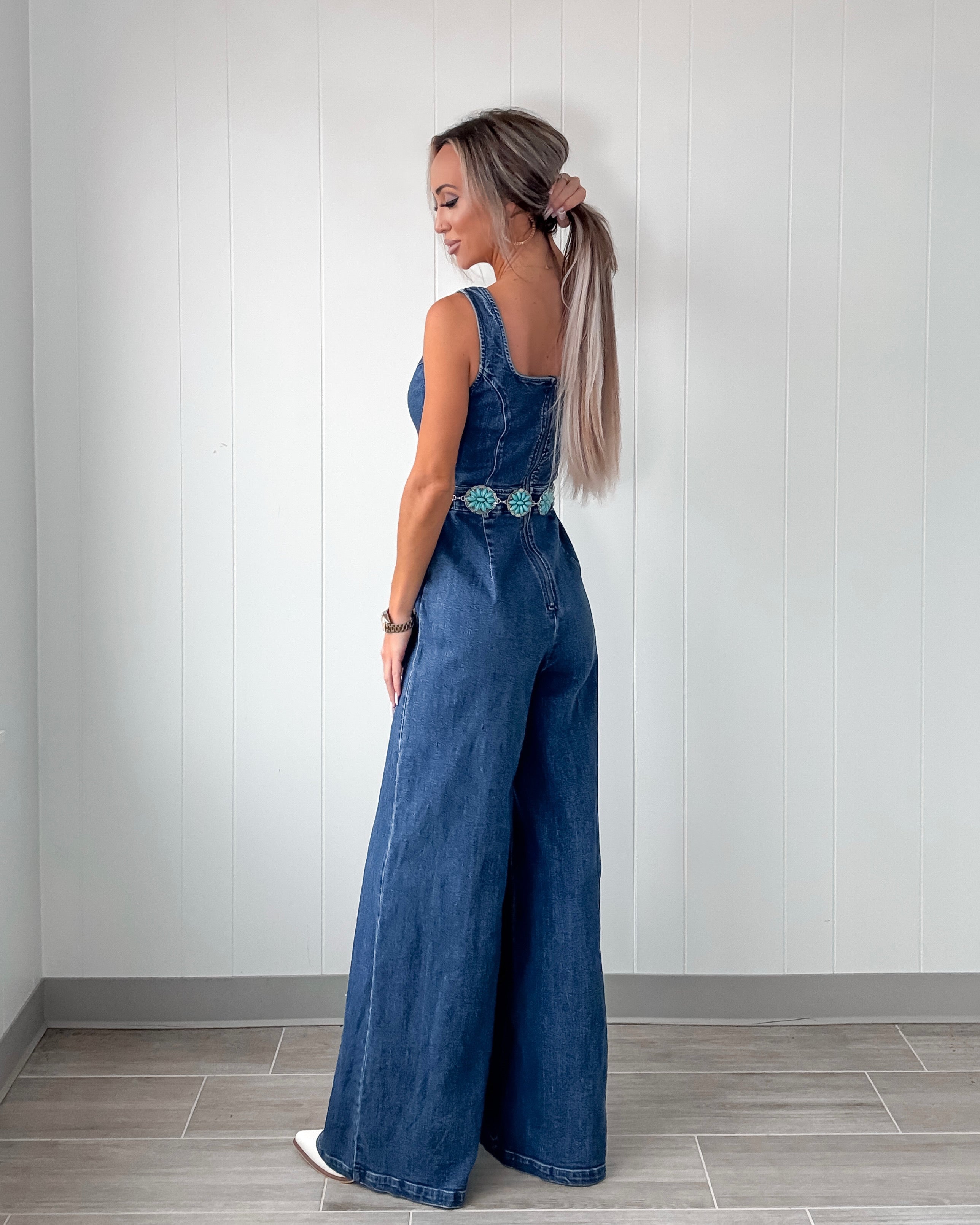 Dixie Flare Denim Jumpsuit - Medium Wash