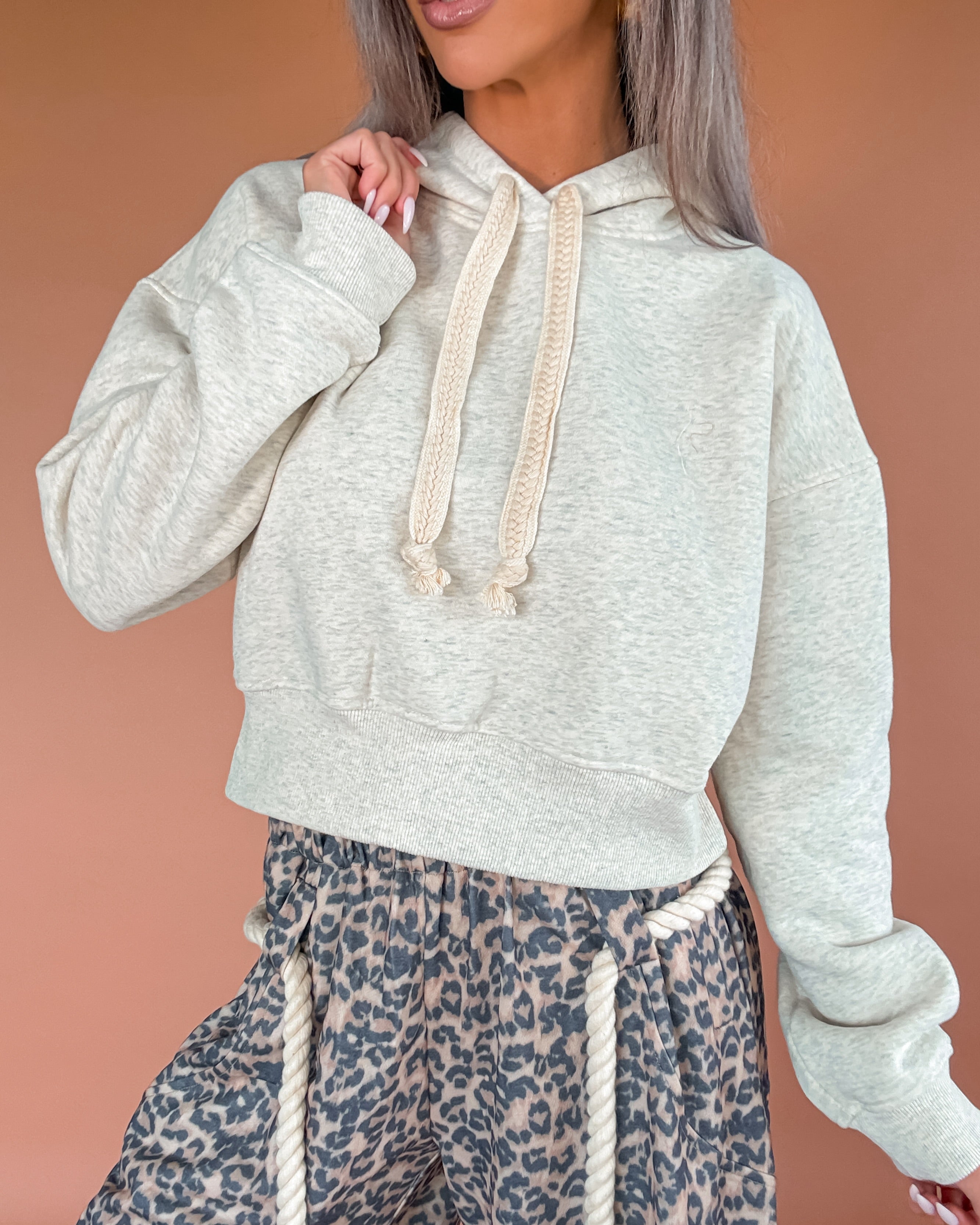 Florence Cropped Fleece Drawstring Hoodie - White Melange