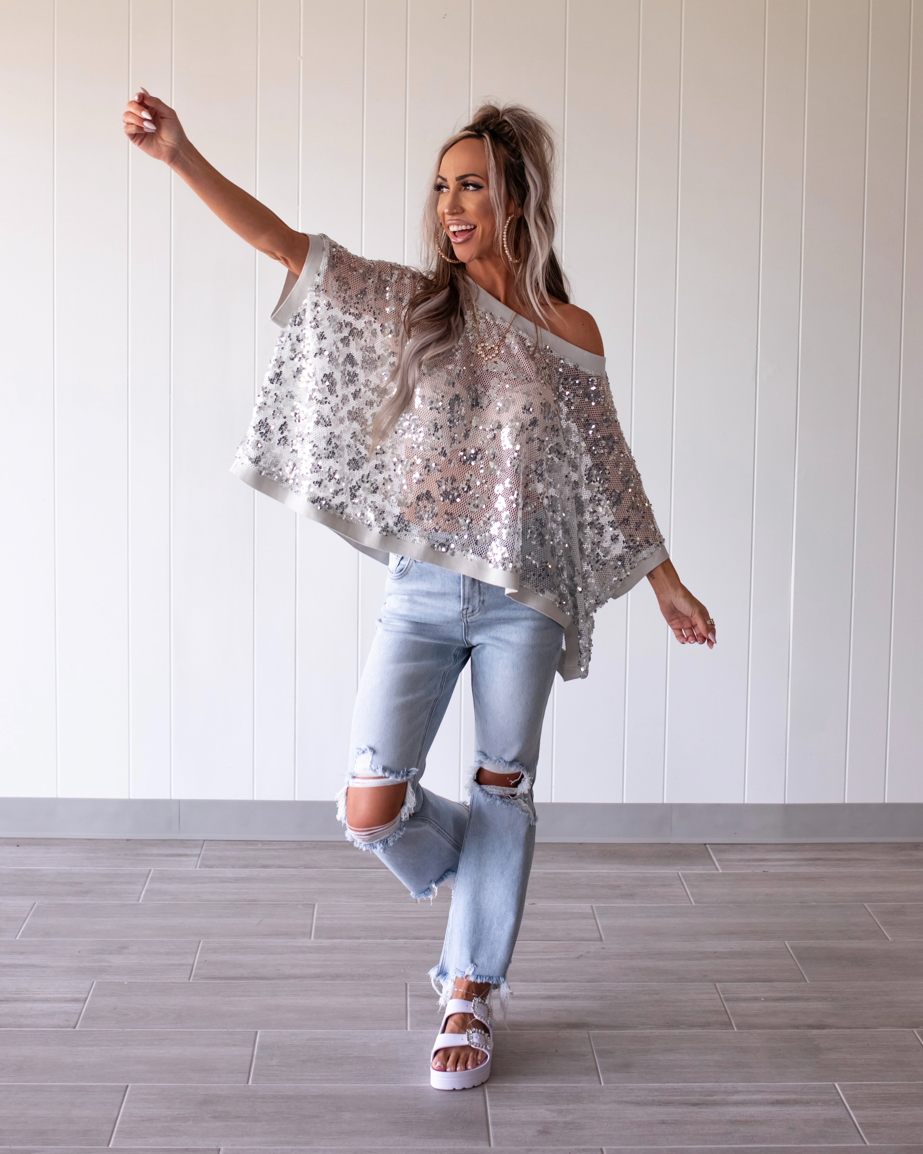 Disco Baby Metallic Sequin Mesh Top - Silver