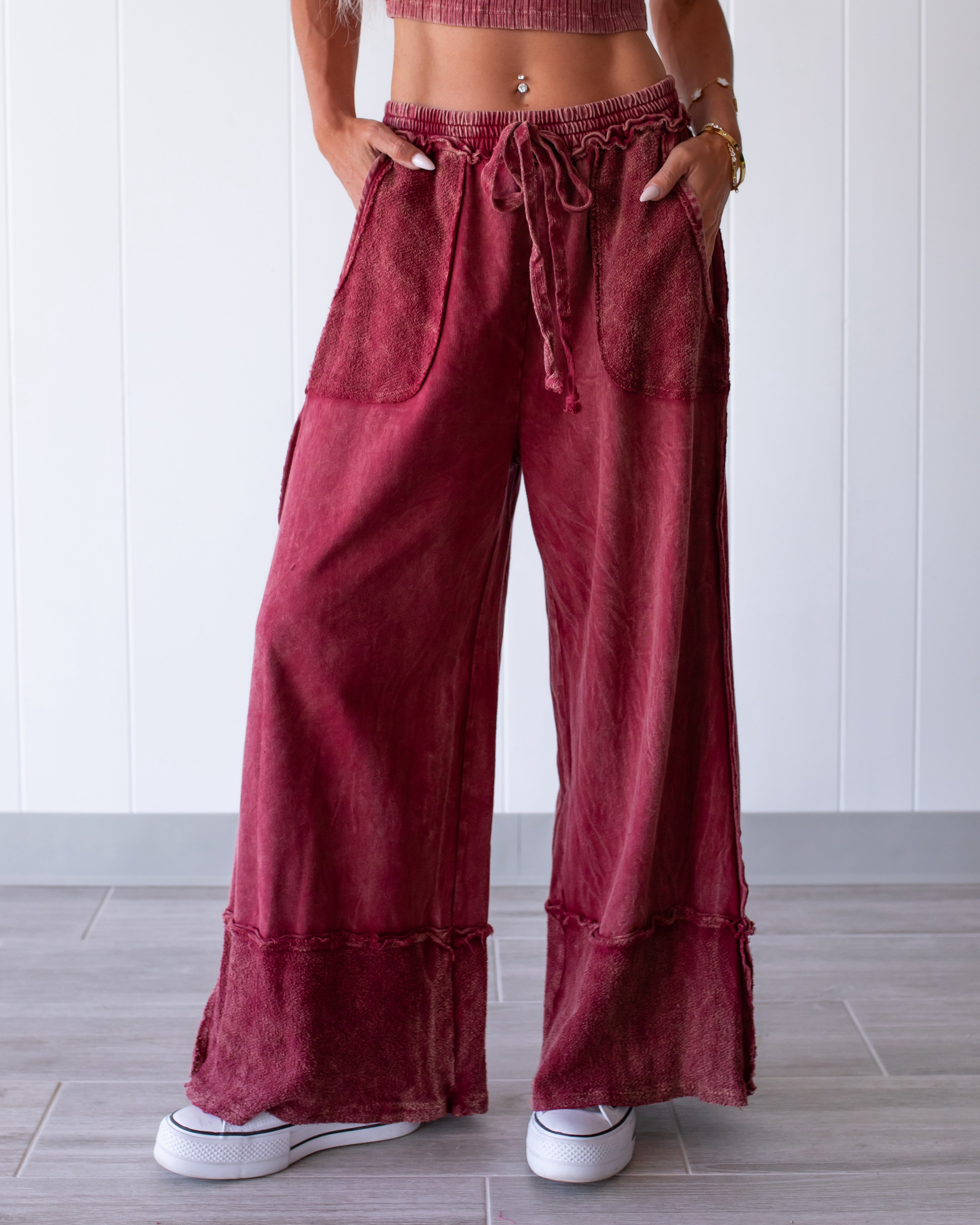 Up Next Raw Hem Wide Leg Pants - Burgundy