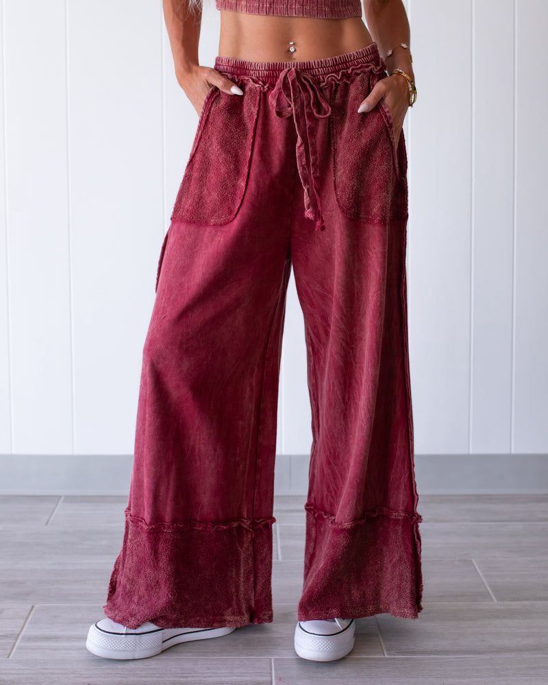 Up Next Raw Hem Wide Leg Pants - Burgundy