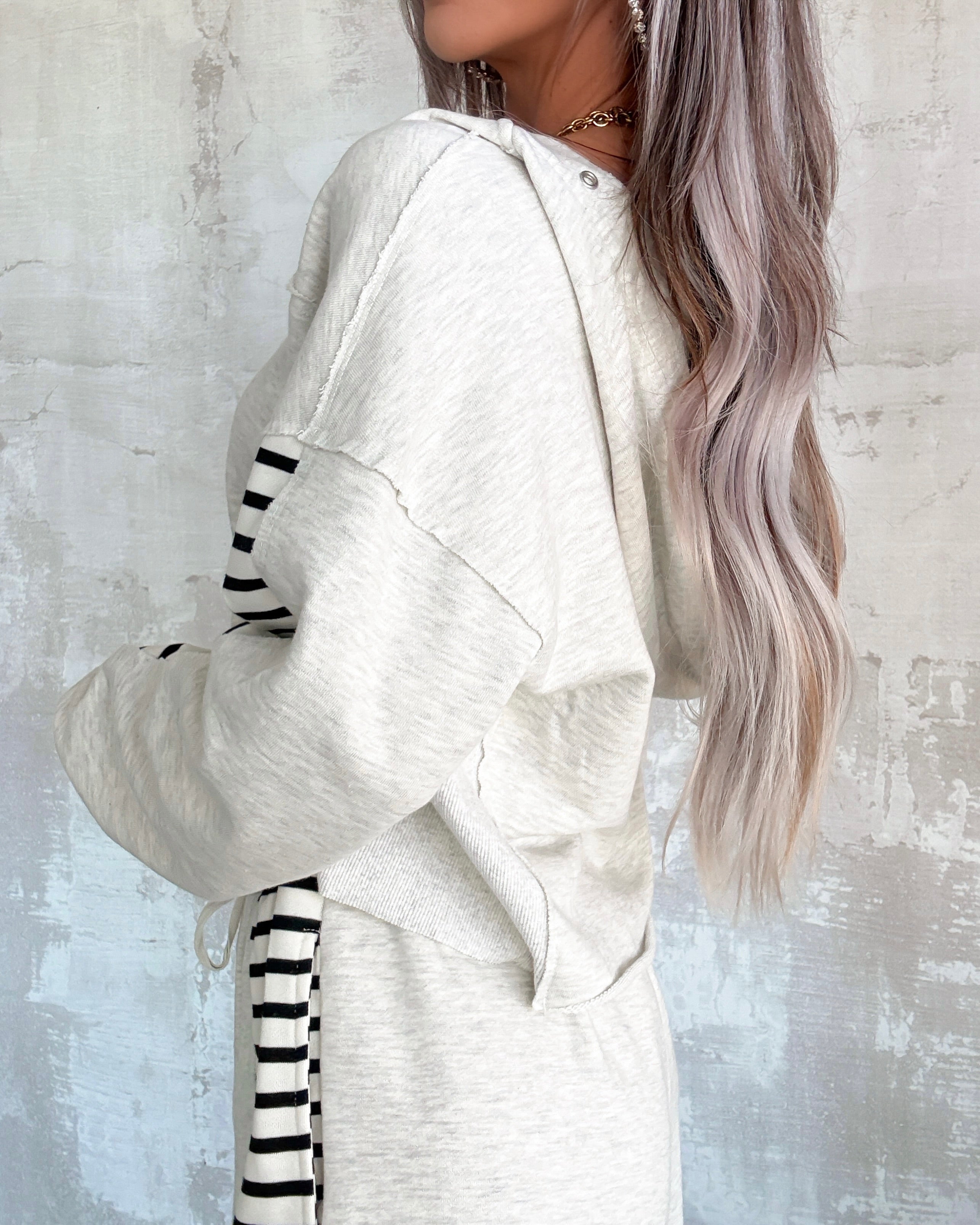 Sunday Softie Striped Sleeve Hoodie - Oatmeal