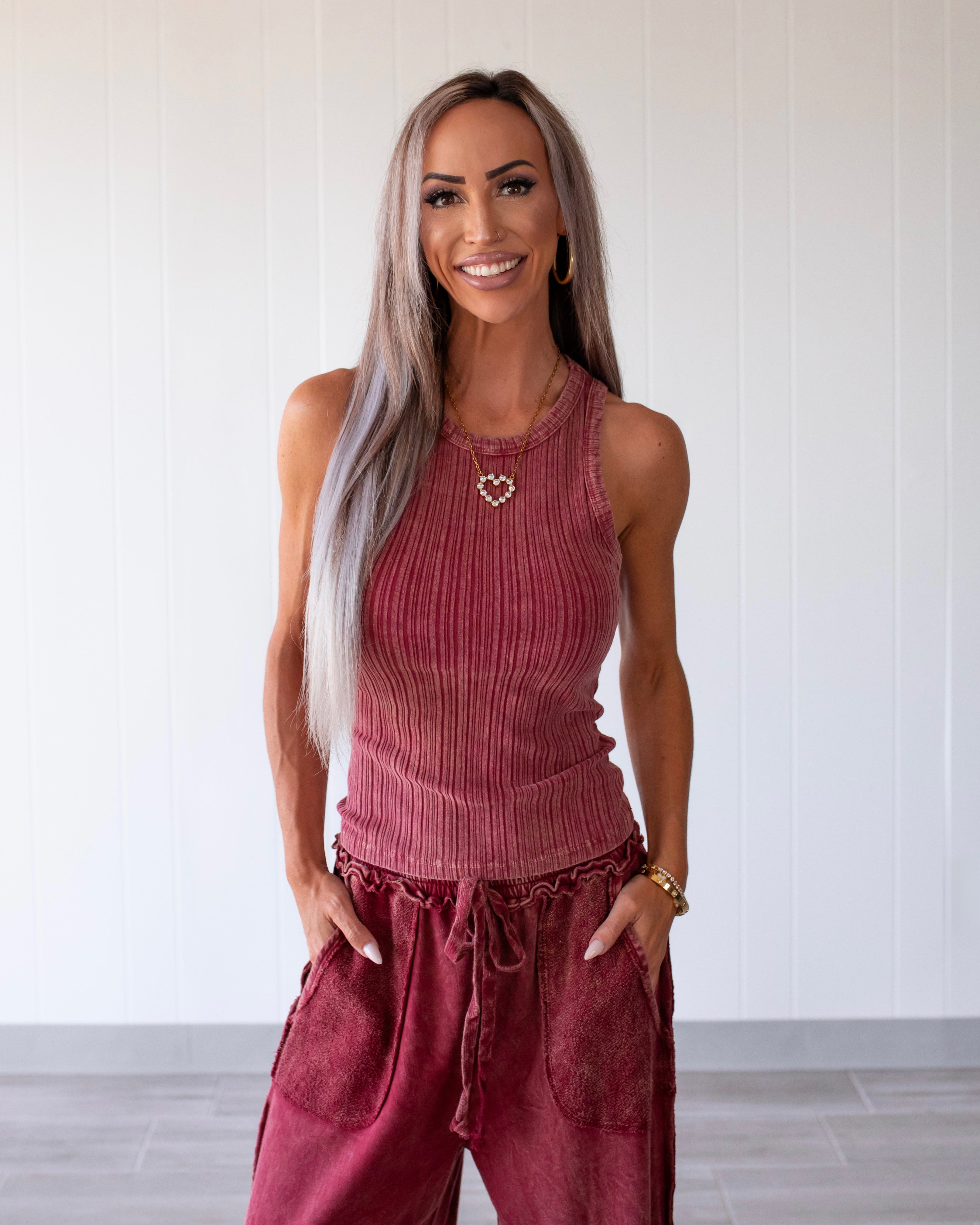 Focused Attention Ribbed Tank - Burgundy