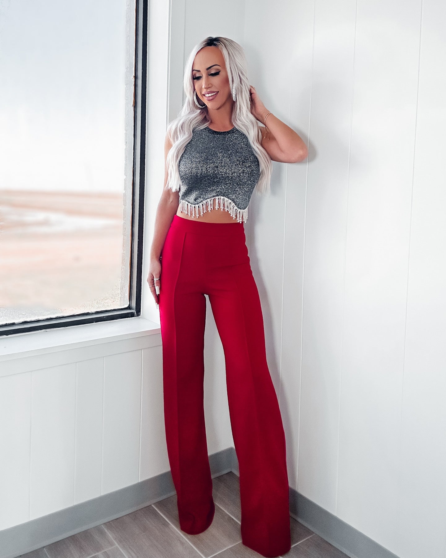 Business Or Pleasure Pleated Flare Pants - Red