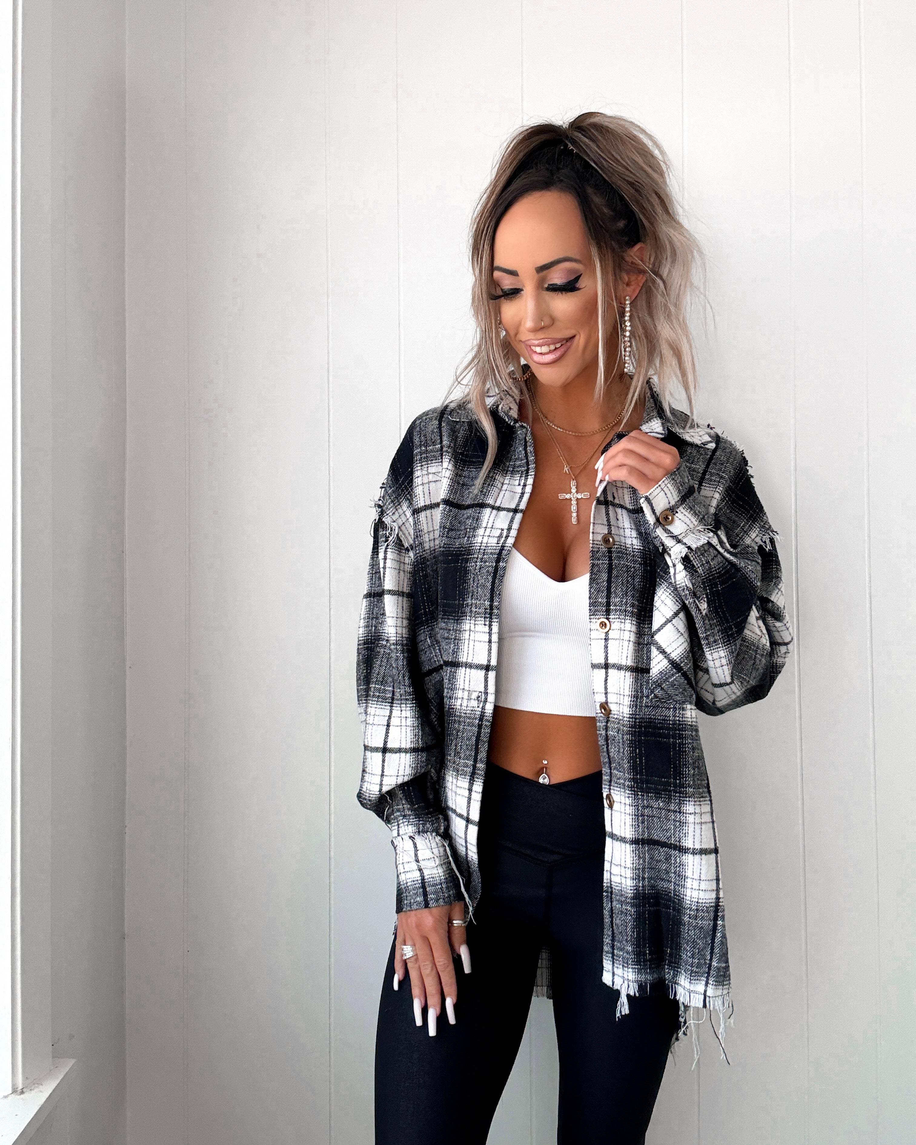 Plaid Charm Oversized Flannel Top - Black