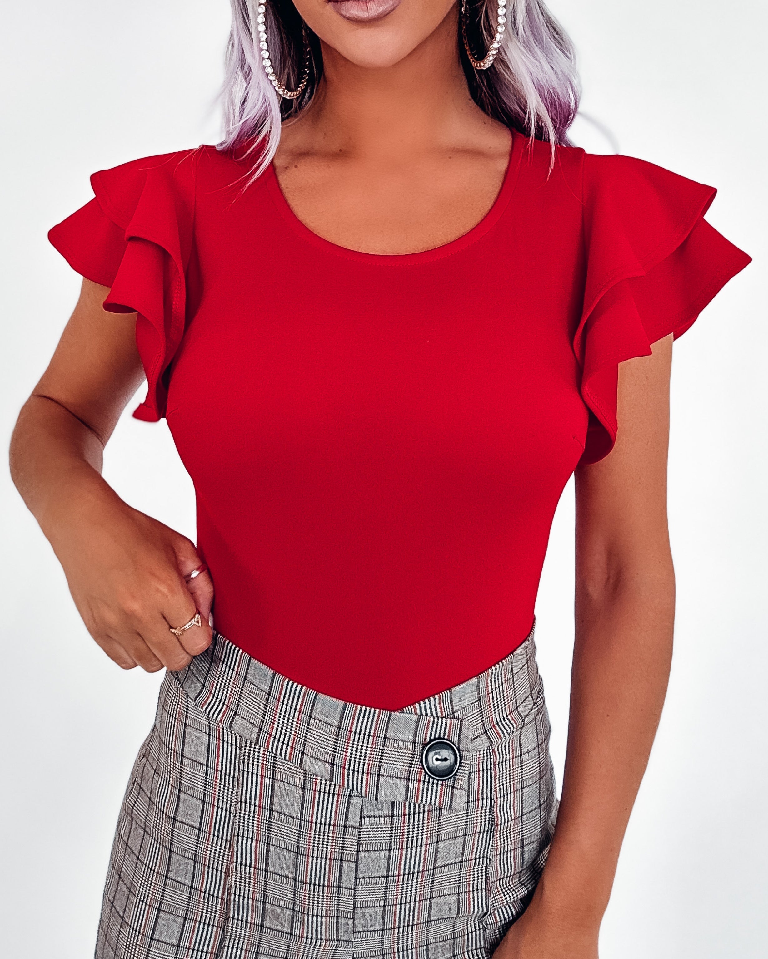 Harper Ruffle Sleeve Bodysuit- Red