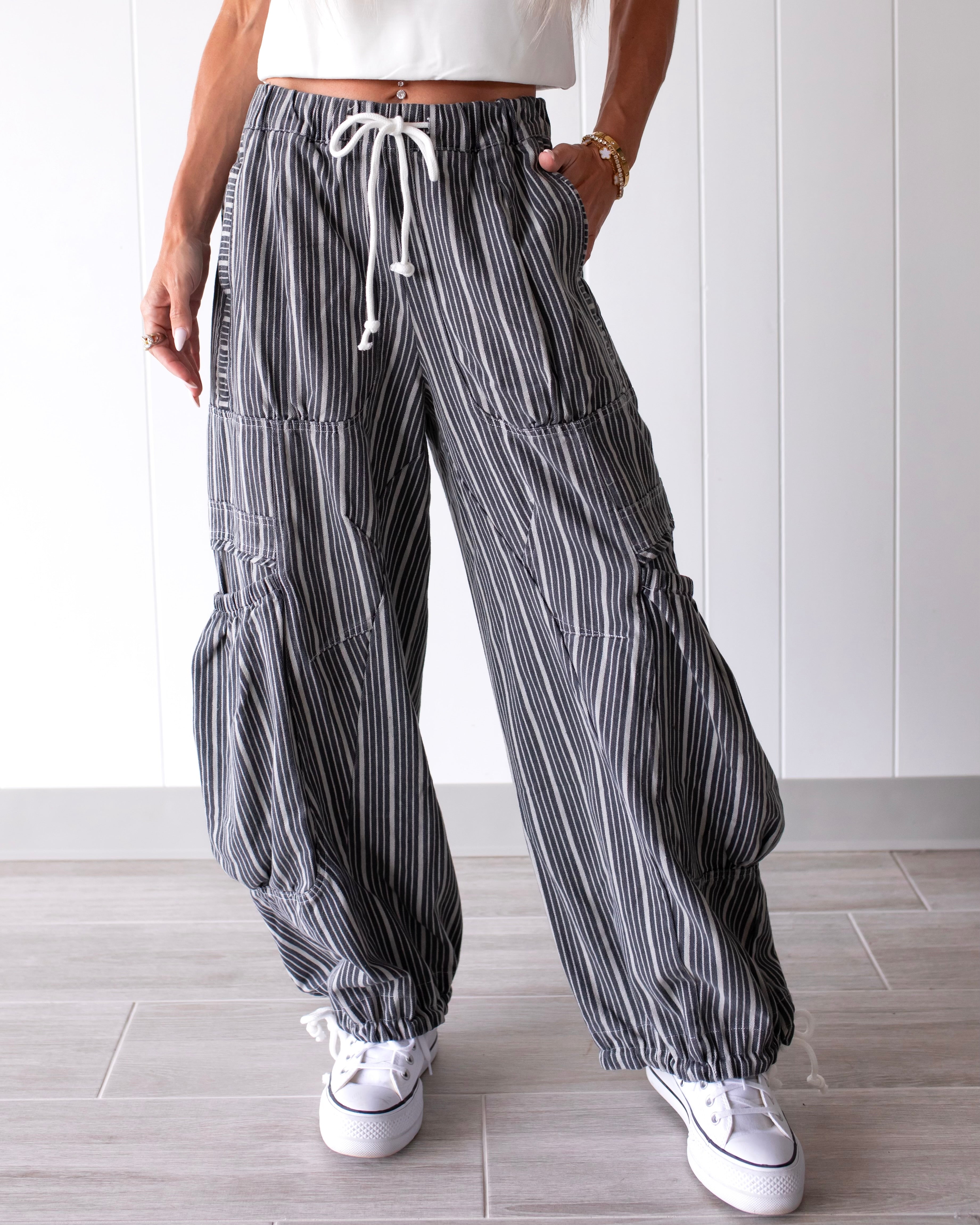 Chasing Clouds Striped Parachute Pants - Charcoal