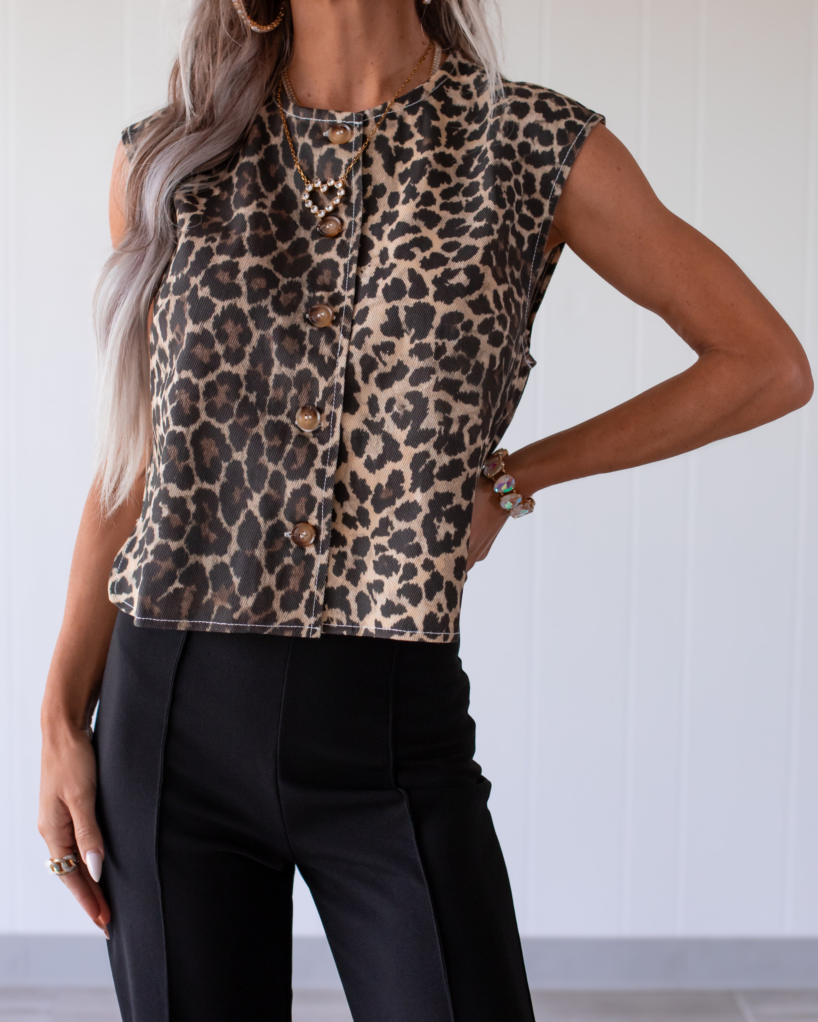 Wild Days Button Down Vest - Leopard