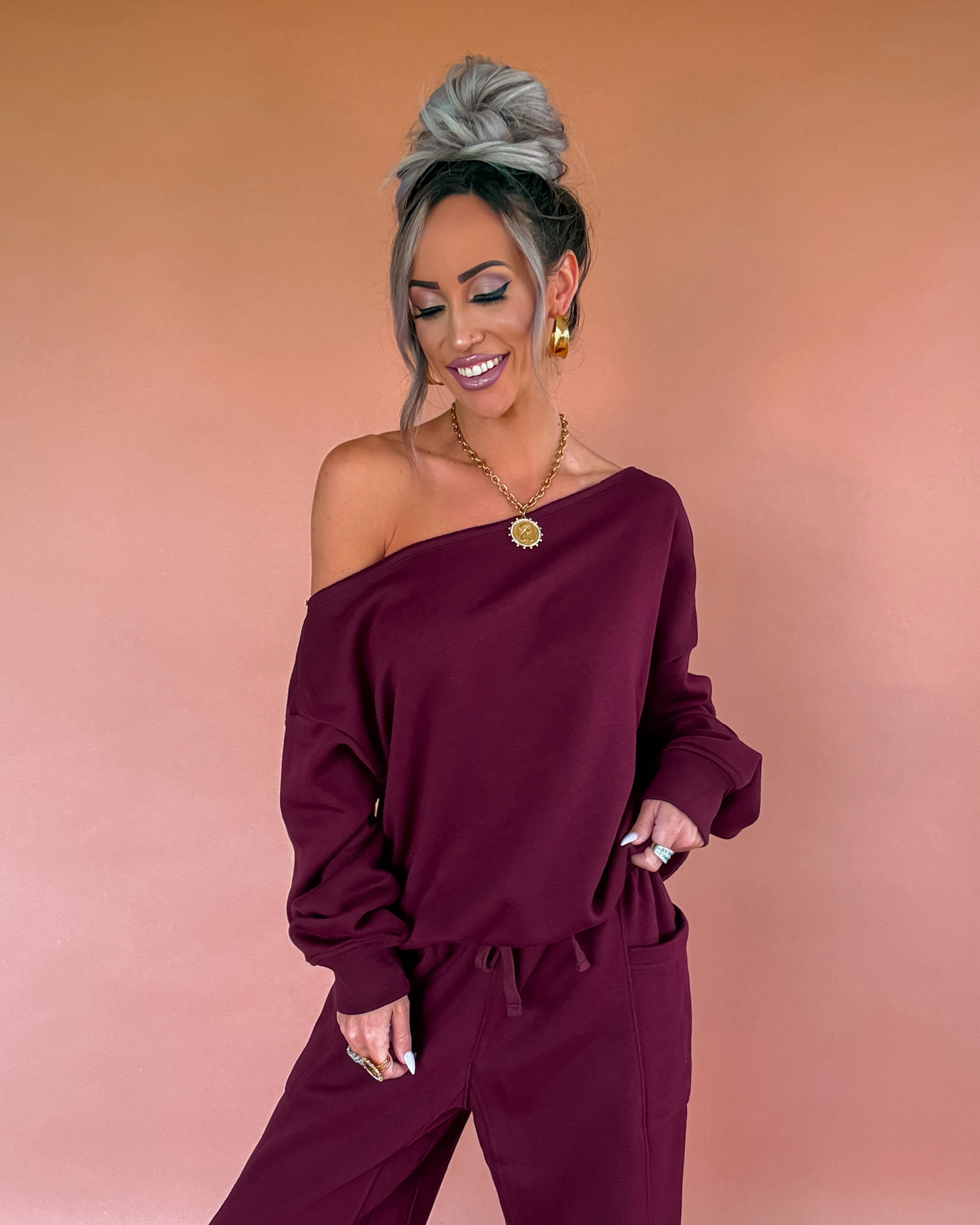 Weekend Crush Fleece Off Shoulder Top - Dark Cherry