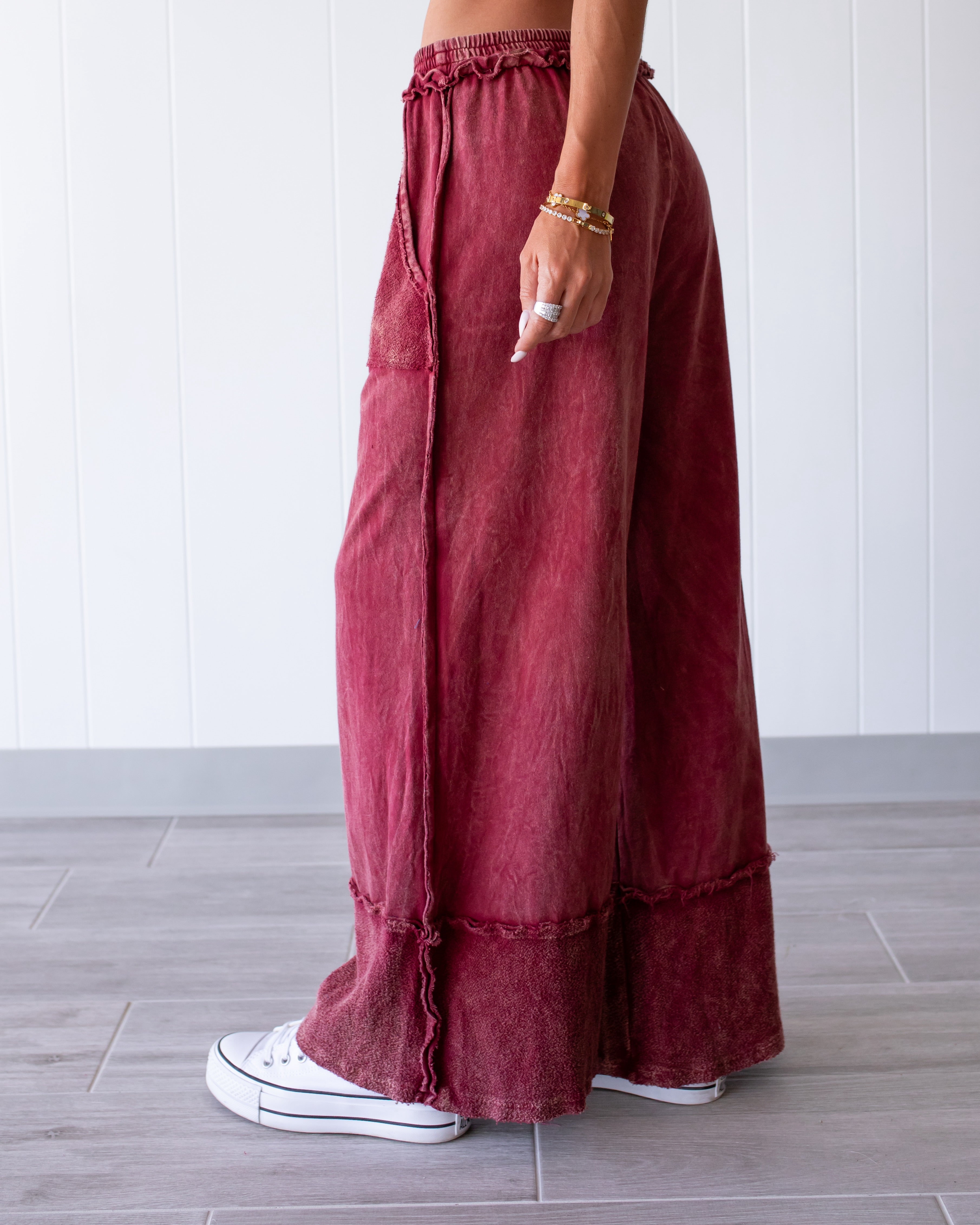 Up Next Raw Hem Wide Leg Pants - Burgundy