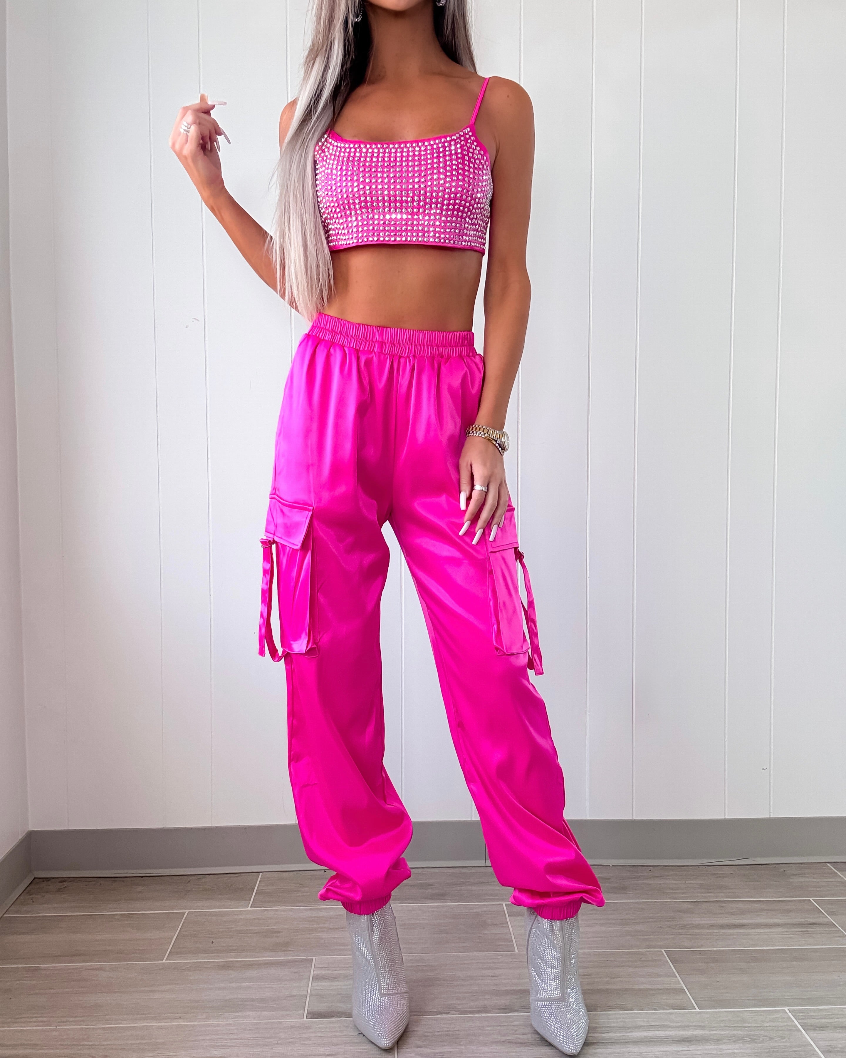My Life Rhinestone Satin Cargo Jogger Pant Set - Fuchsia
