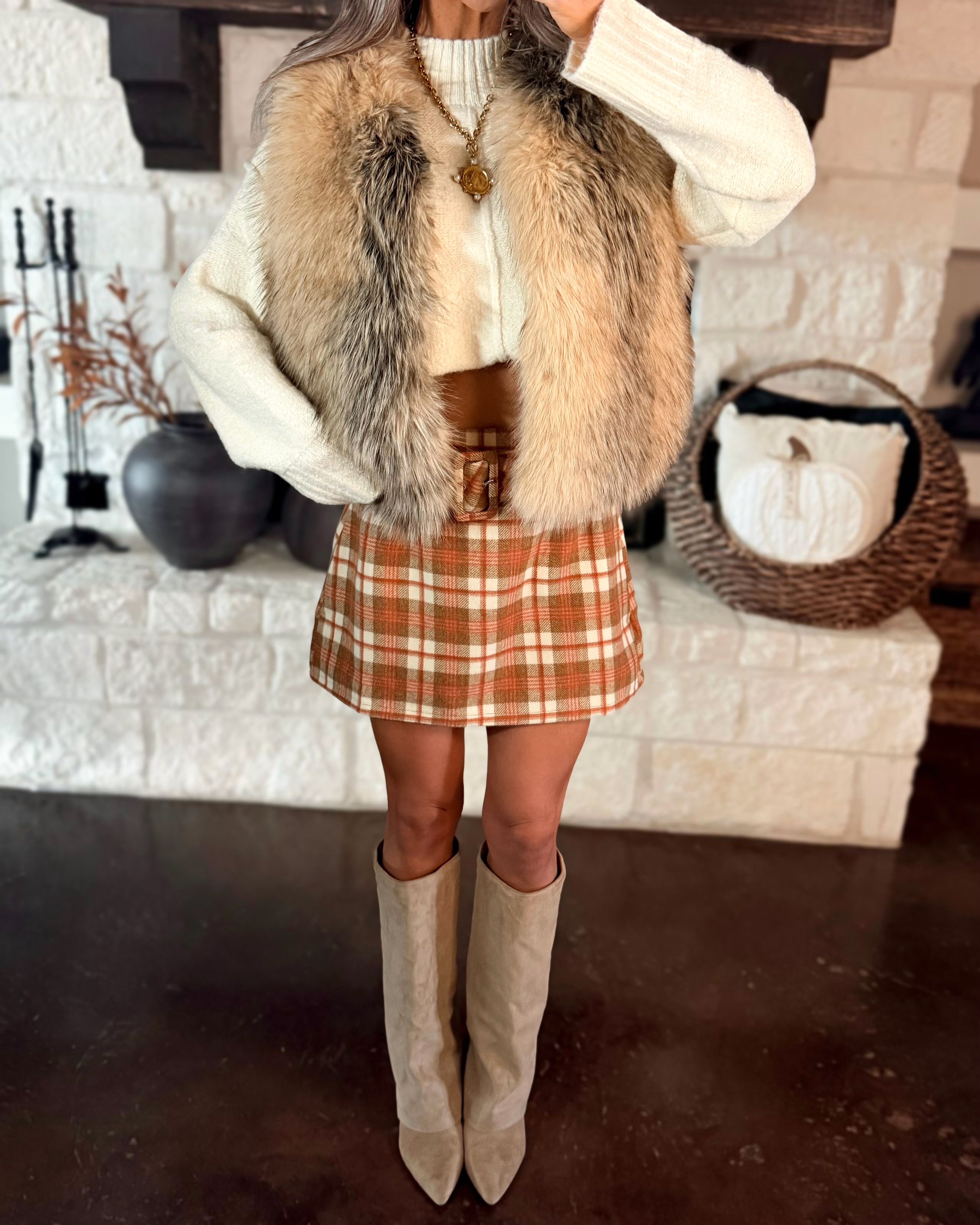 Fall Favorite Plaid Buckle Mini Skort - Ivory/Brown