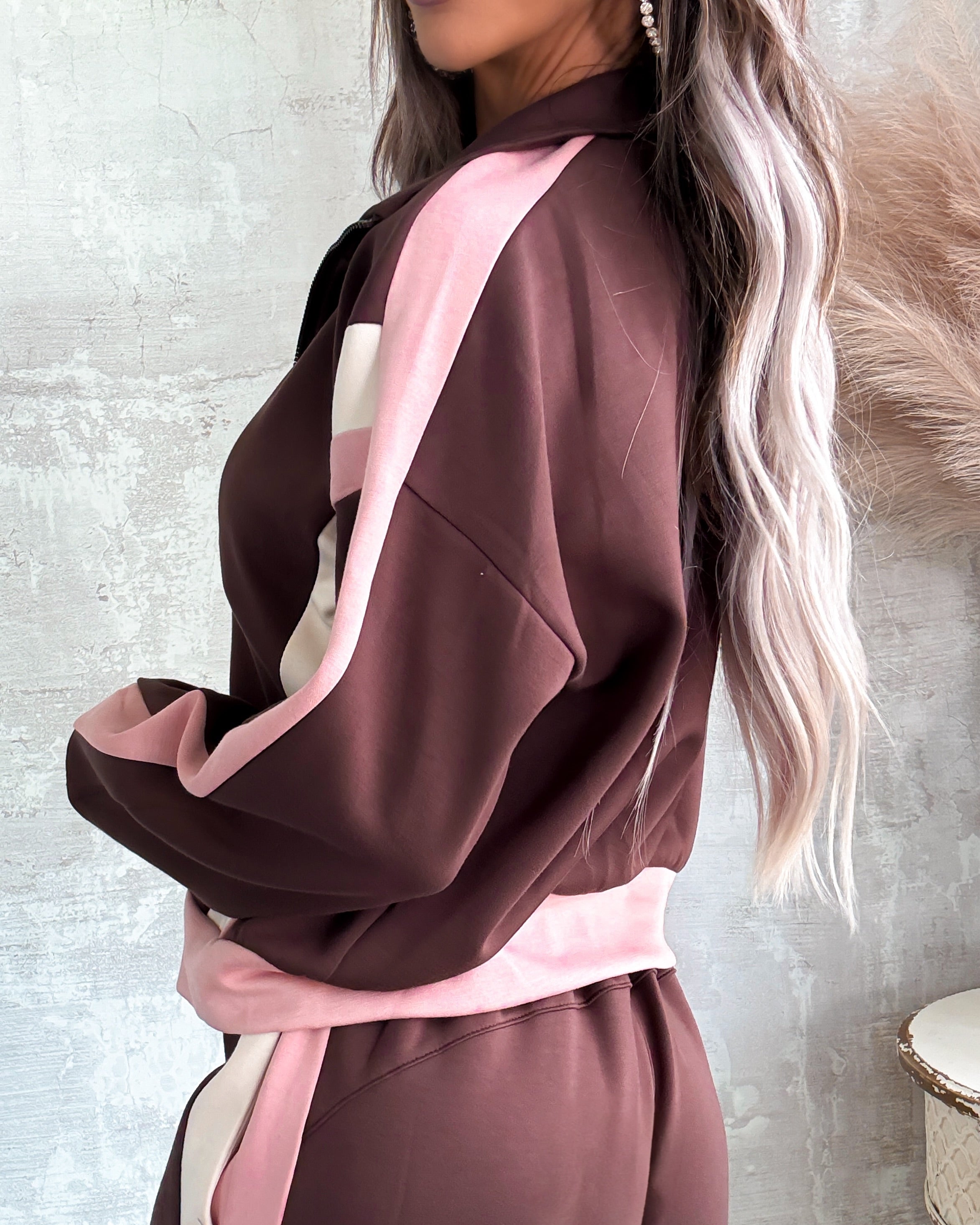 Latte Love Stripe Zip Up Jacket - Brown/Pink