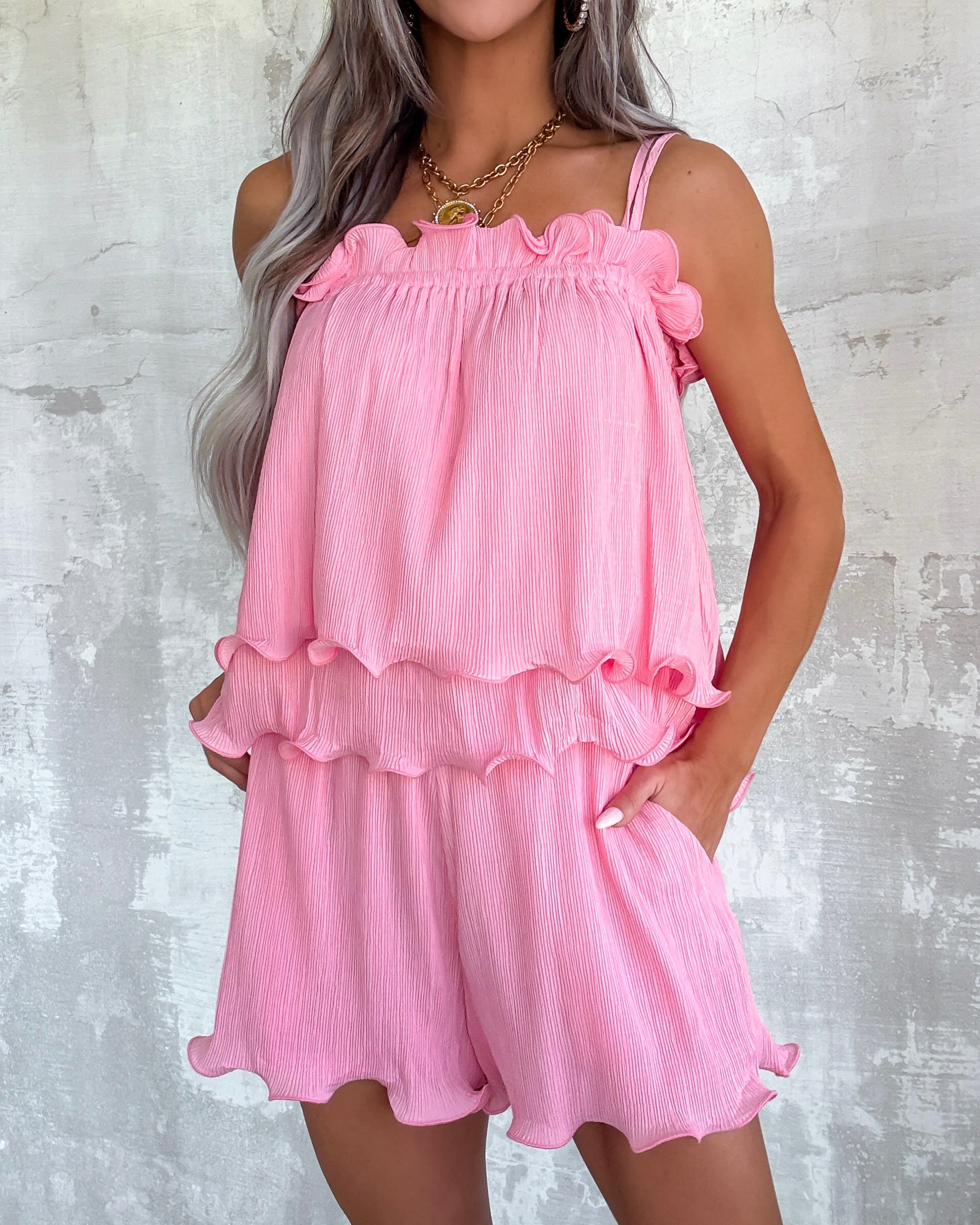 Sweetest Silhouette Pleated Shorts Set - Bubblegum