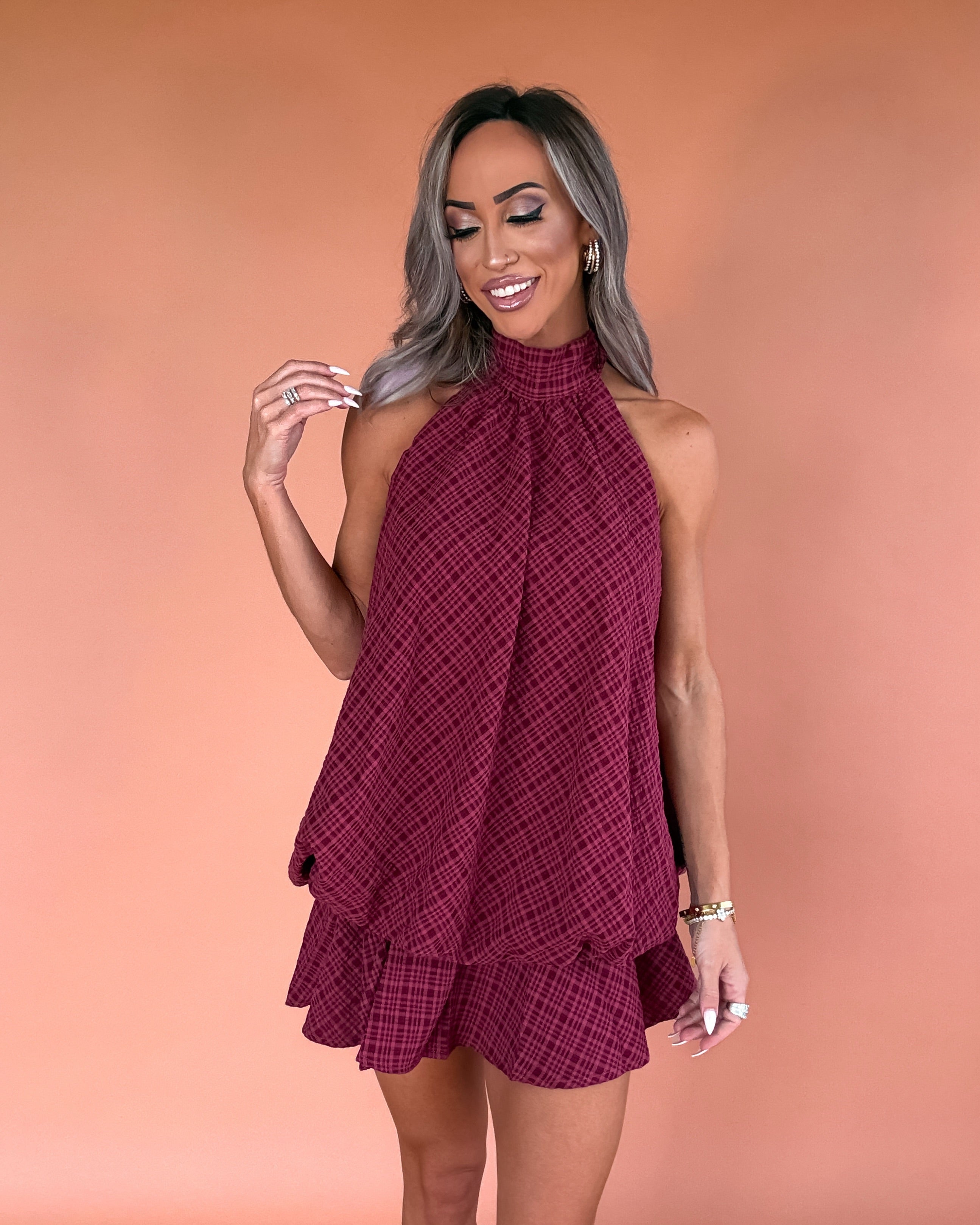 Bows & Bubbly Plaid Halter Dress - Burgundy