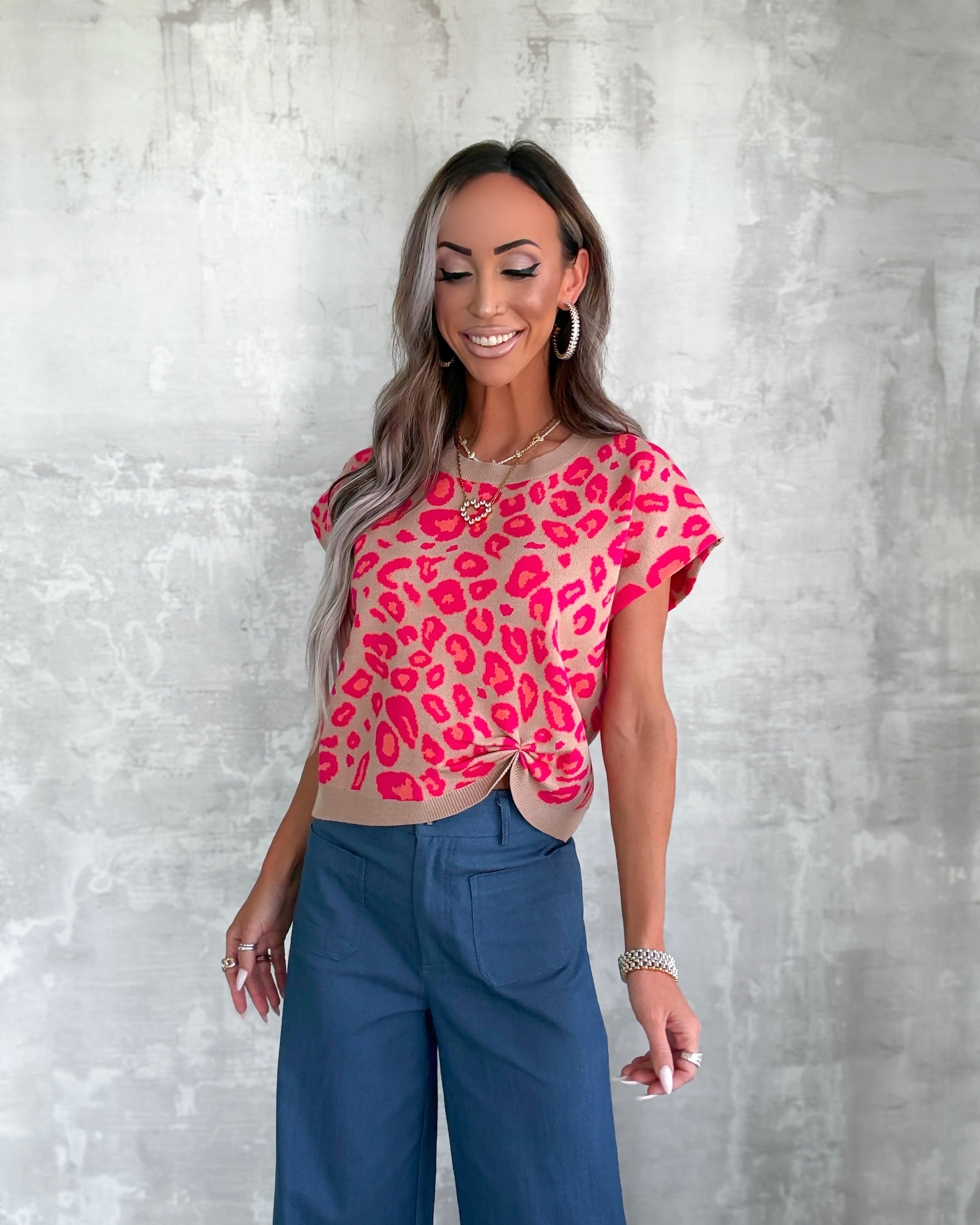 Chic Safari Leopard Sweater Top - Hot Pink