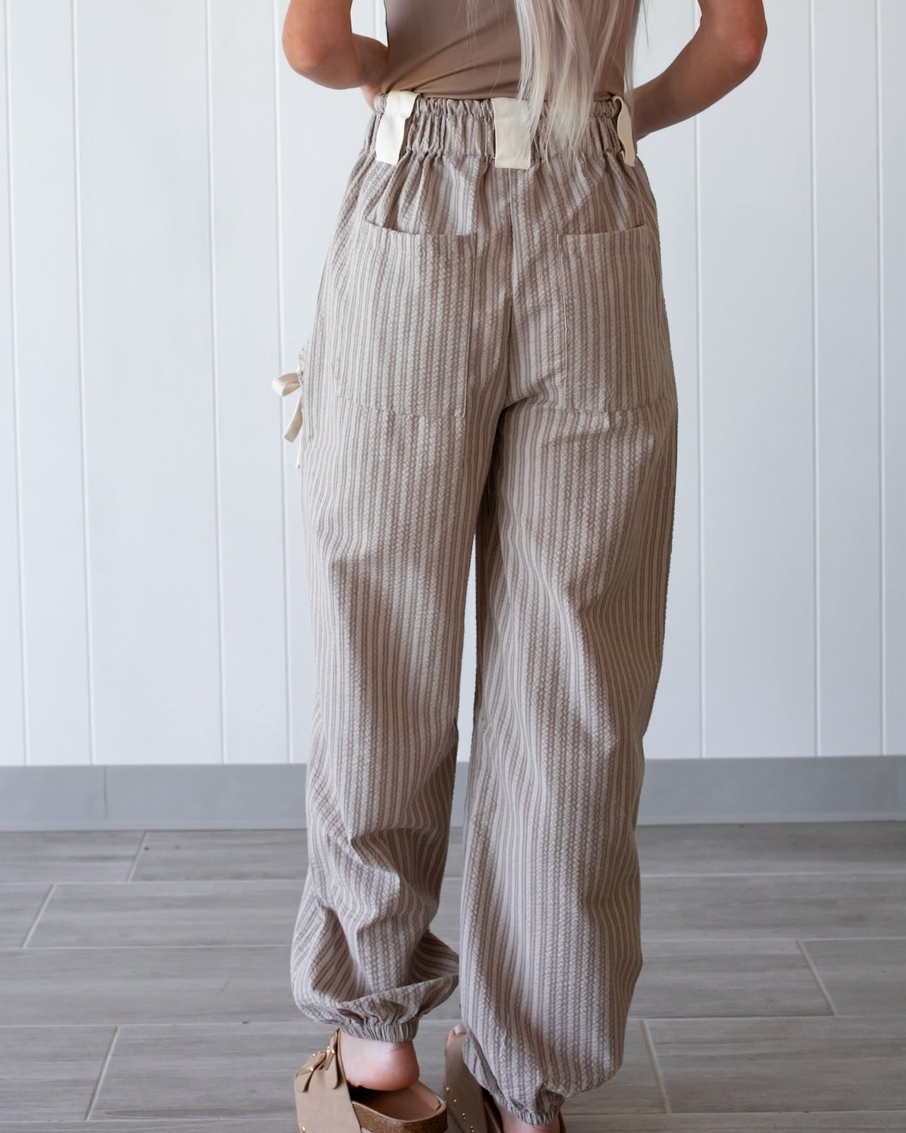 Sweet Stripe Bow Joggers - Taupe/White