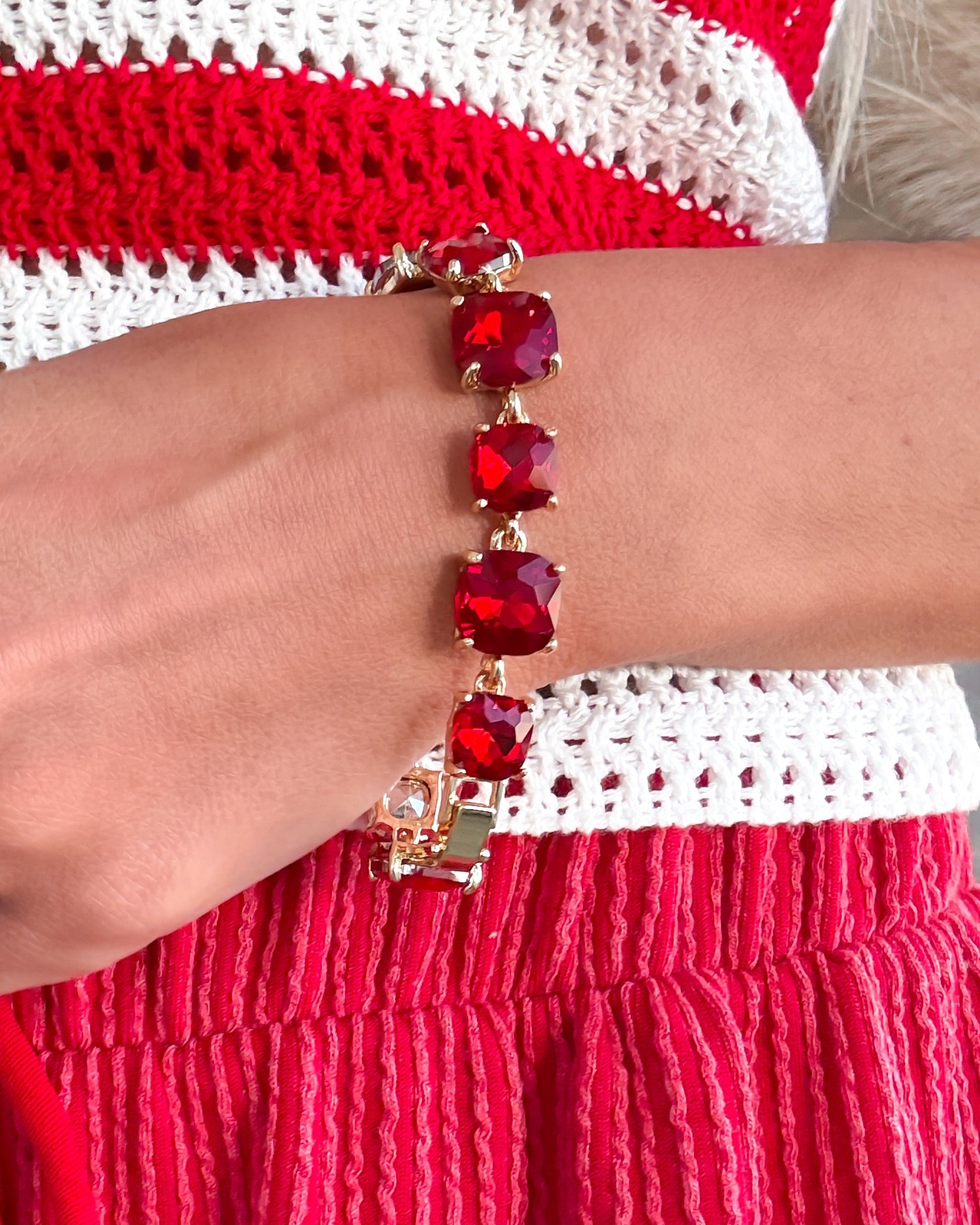Cushion Cut Crystal Link Bracelet - Red