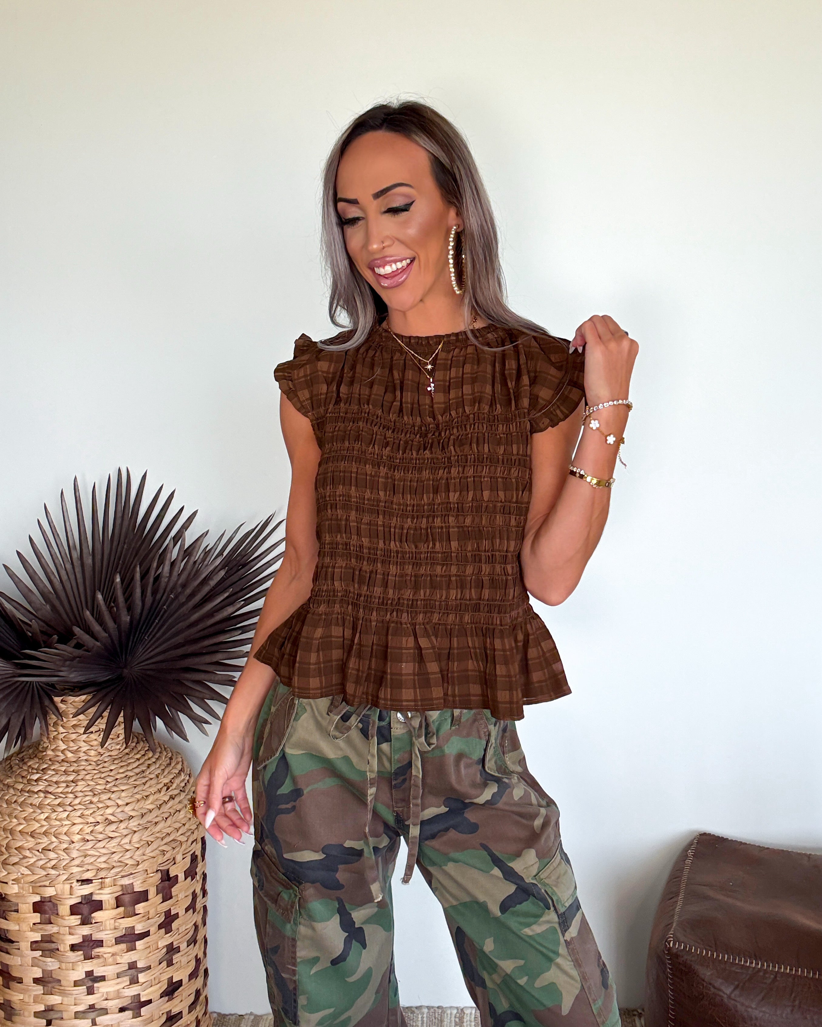 Ruffled & Rooted Brown Plaid Smocked Top