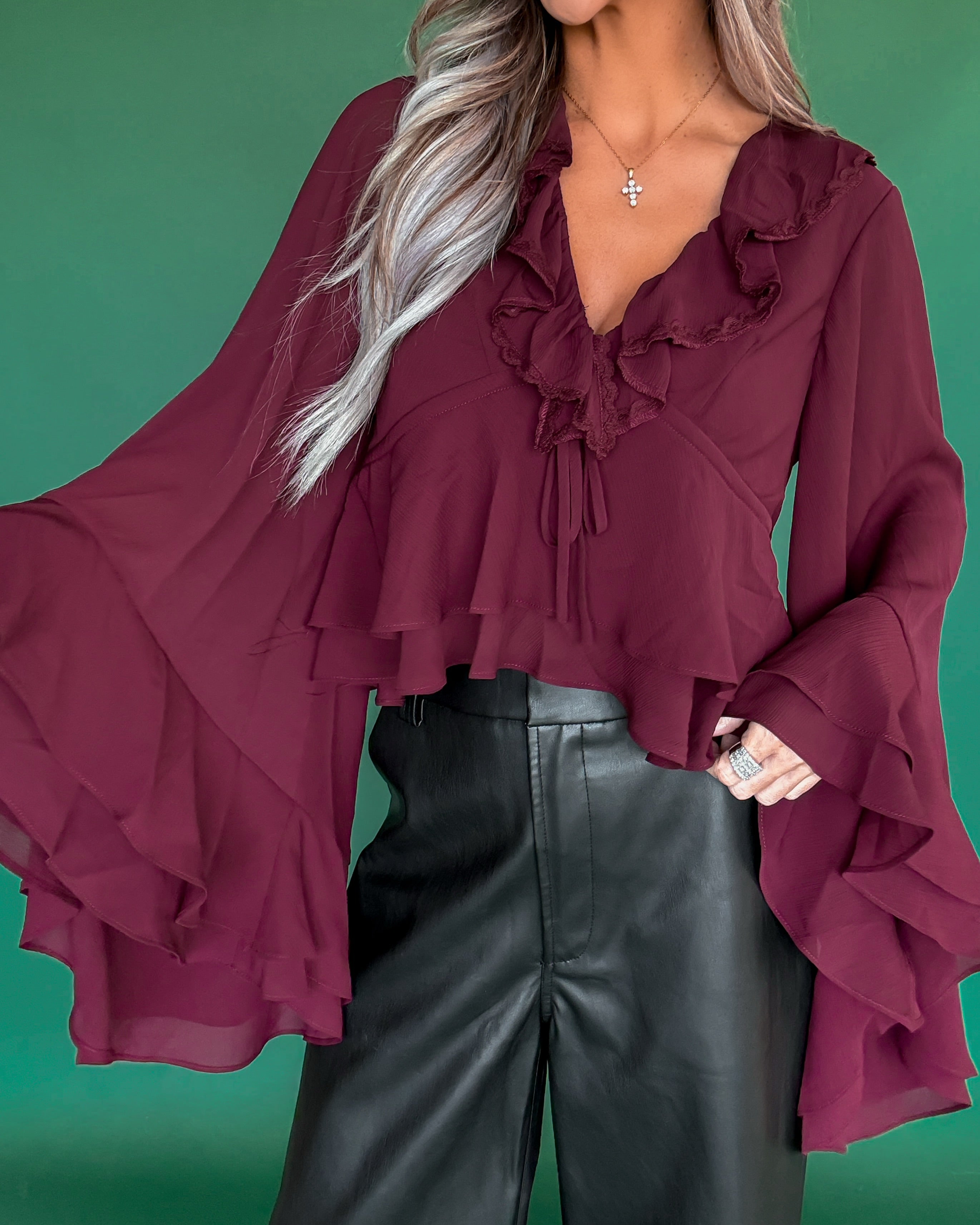 Miss Lovely Ruffle Long Sleeve Top - Burgundy