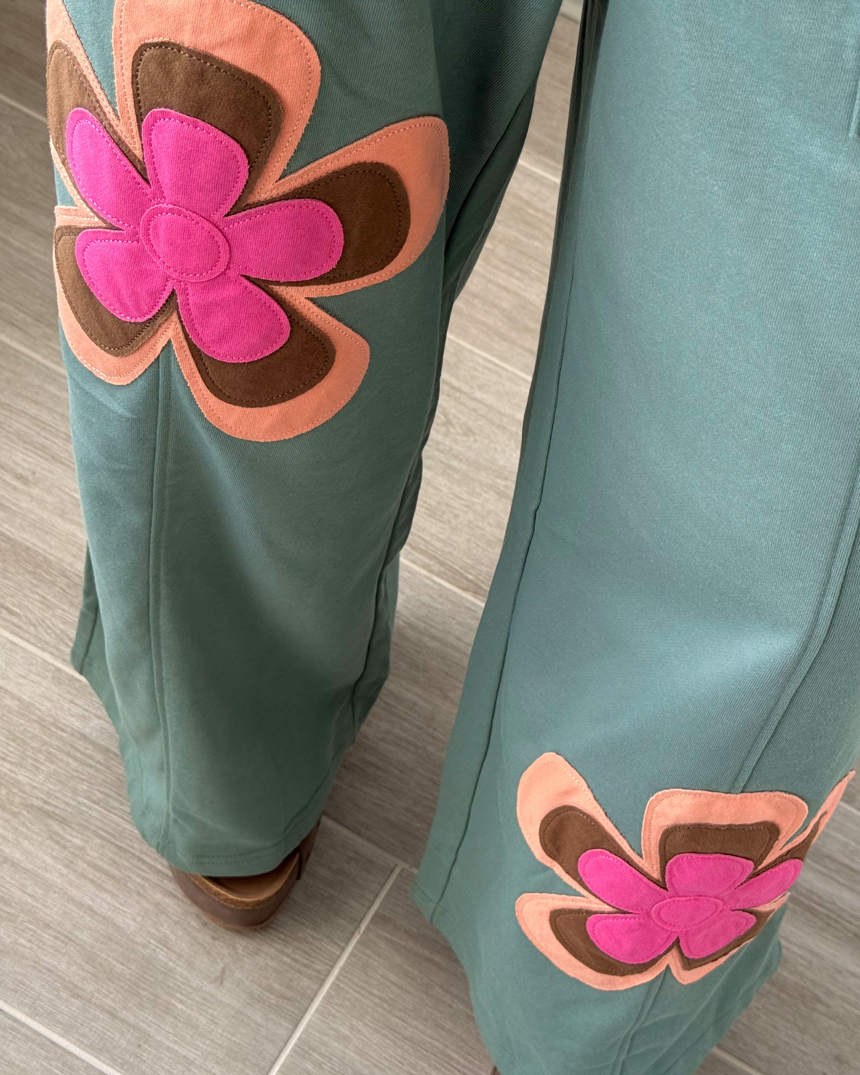 Retro Bloom Wide Leg Pants - Sea Green