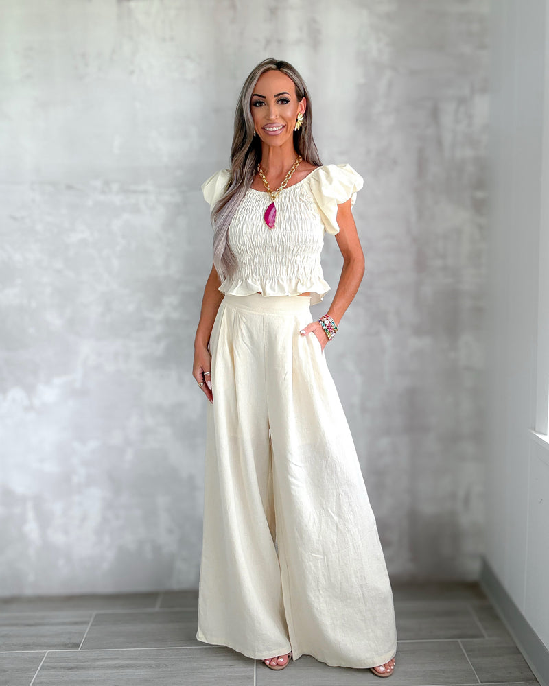 Sable Shore Wide Leg Linen Pants - Ecru