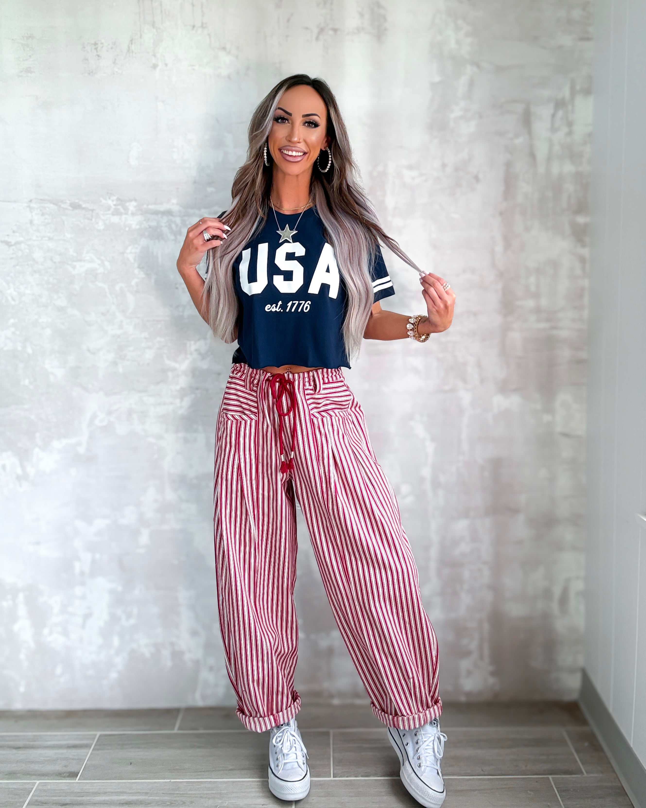 Americana Dream Striped Barrel Jeans - Red