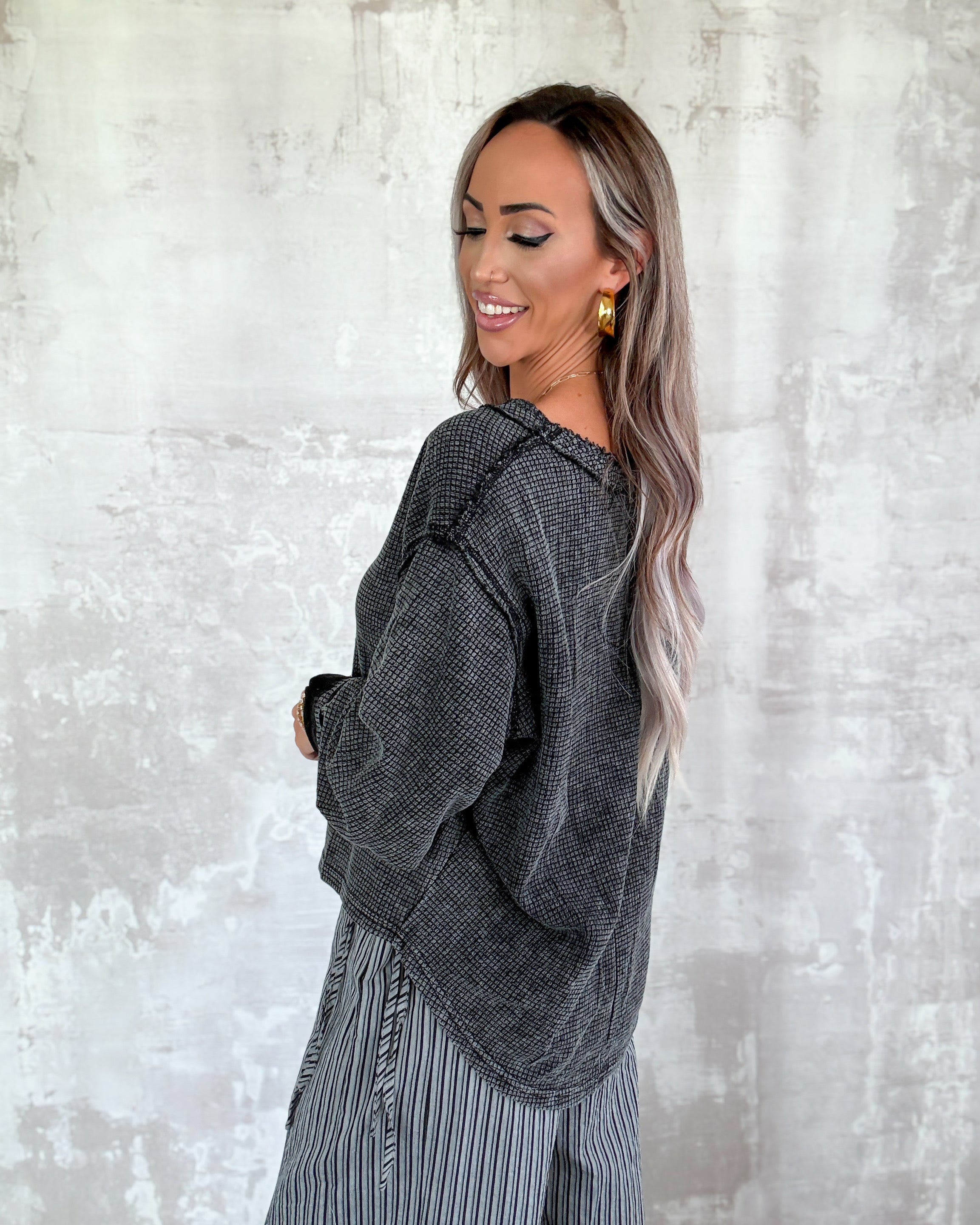Waffle Knit Wanderer Top - Black