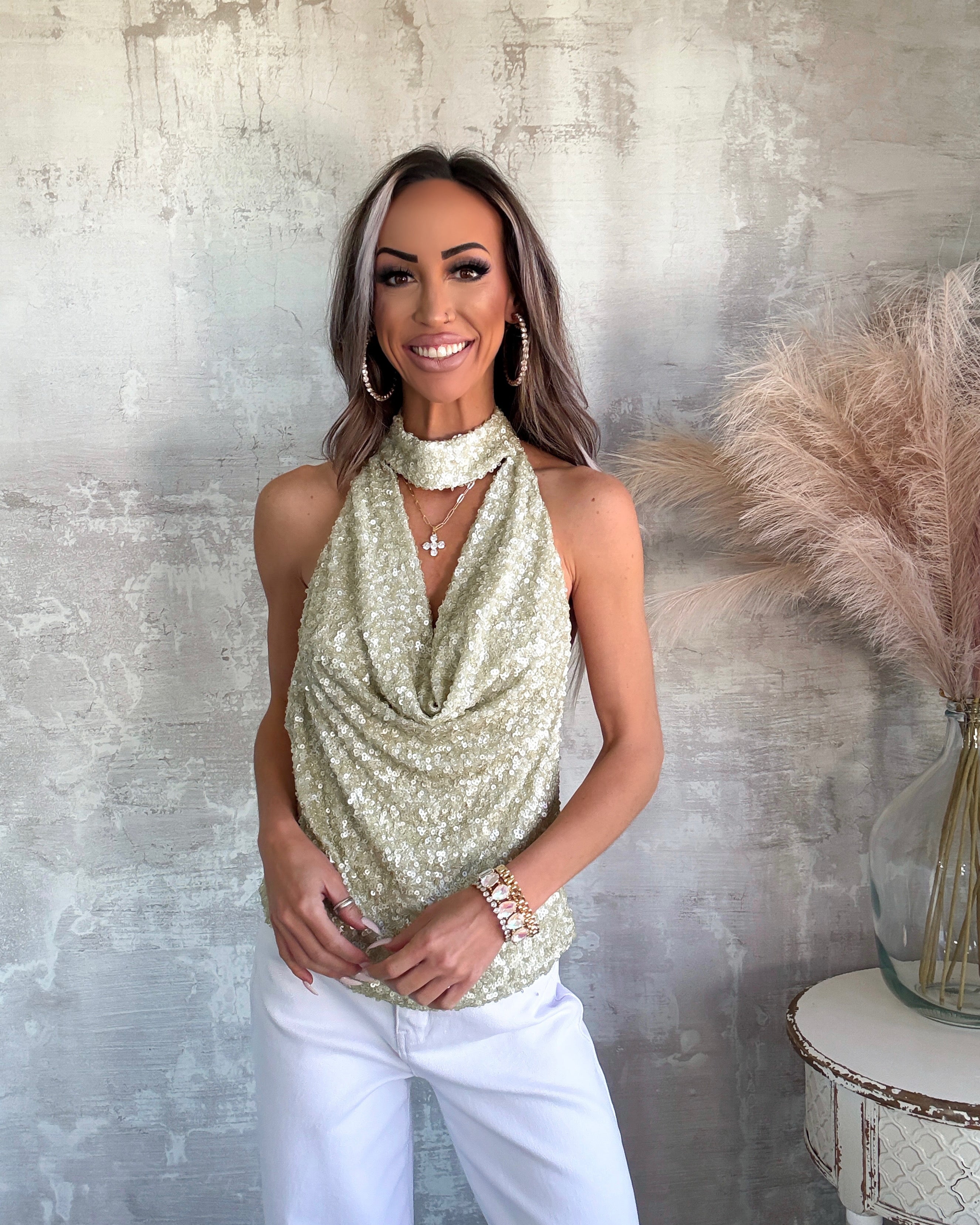 I'll Be Here Sequin Halter Top - Sage