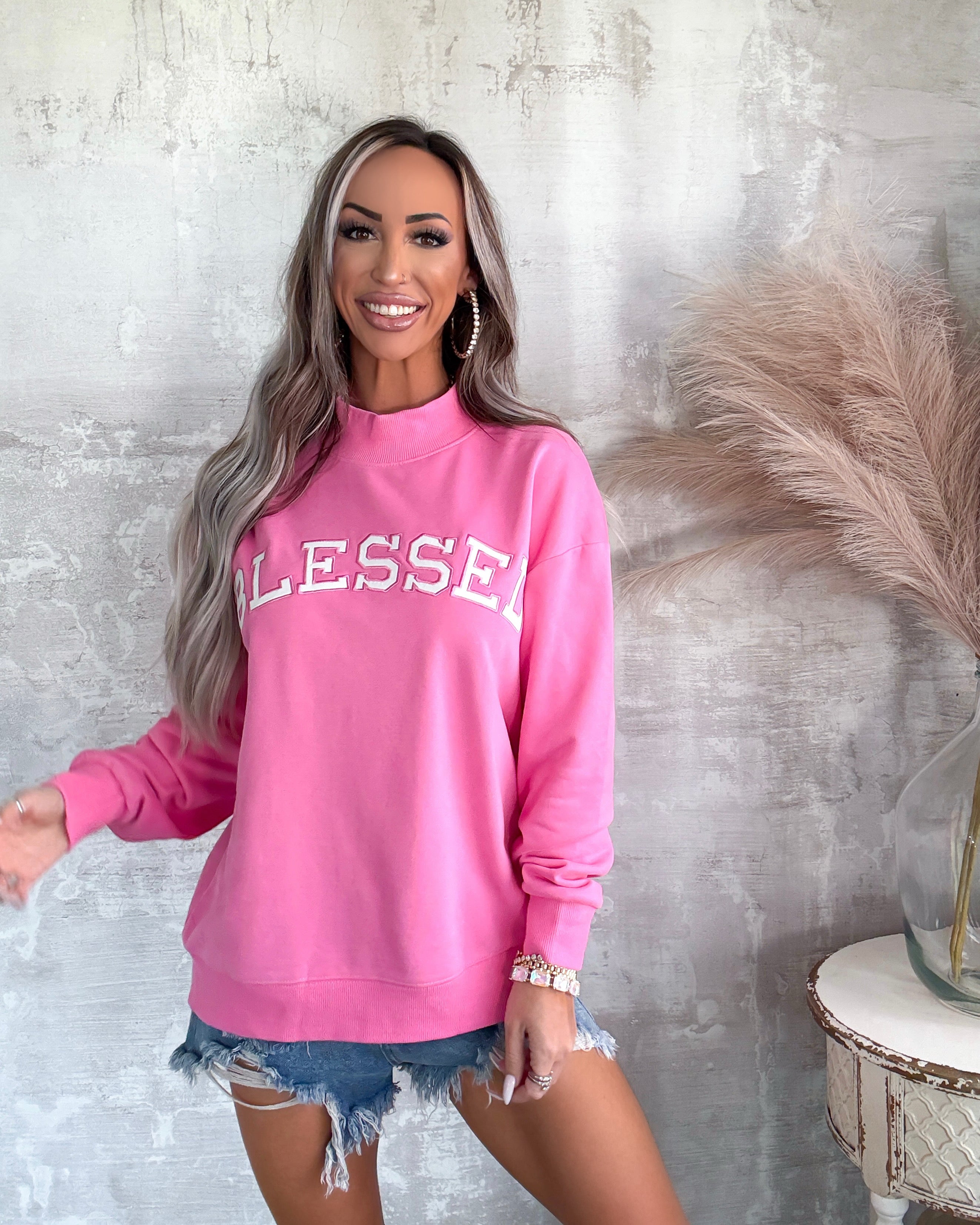 Blessed Oversized Mock Neck Sweatshirt - Pink