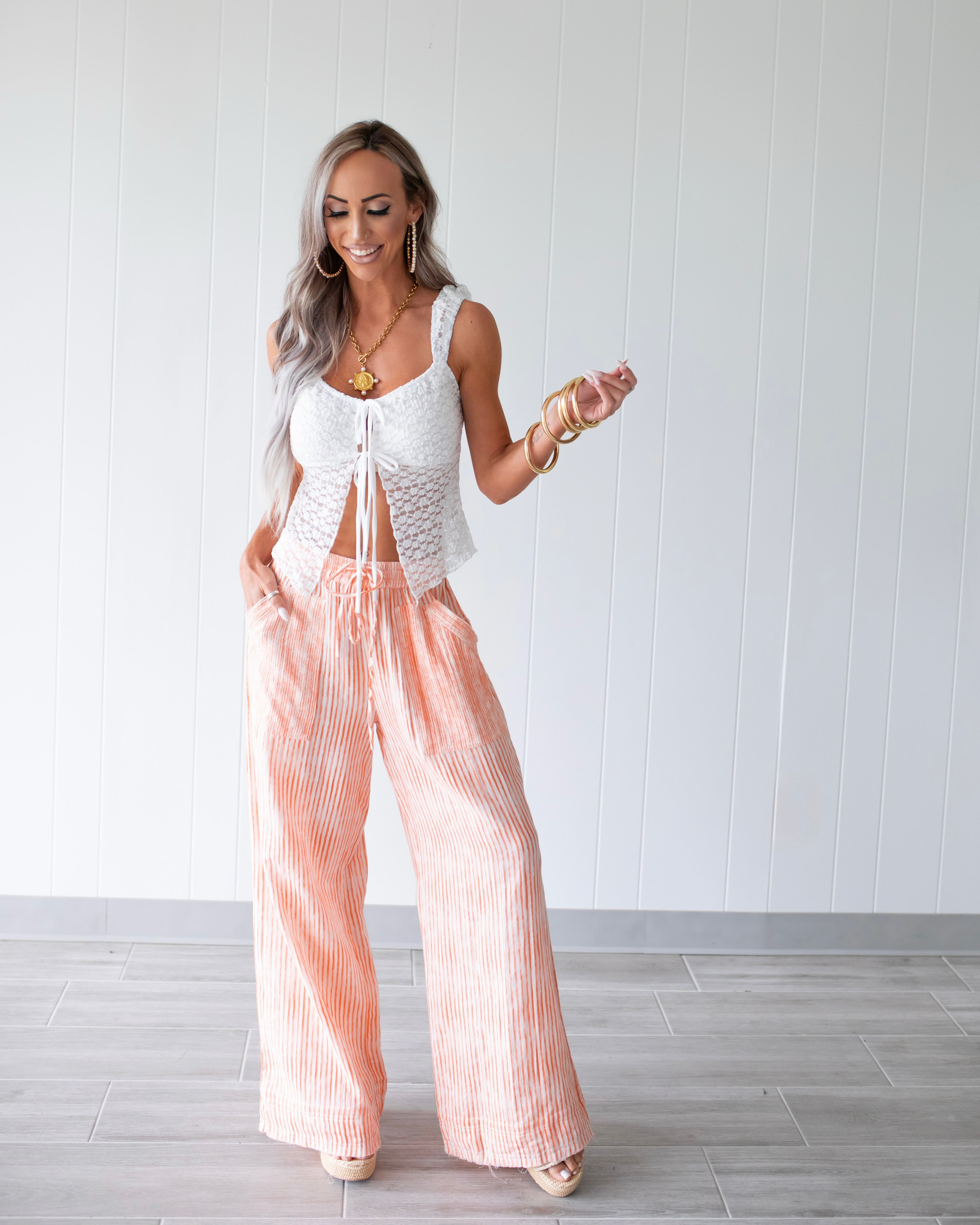 Lace Me Pretty Tie Ruched Tank - Whie