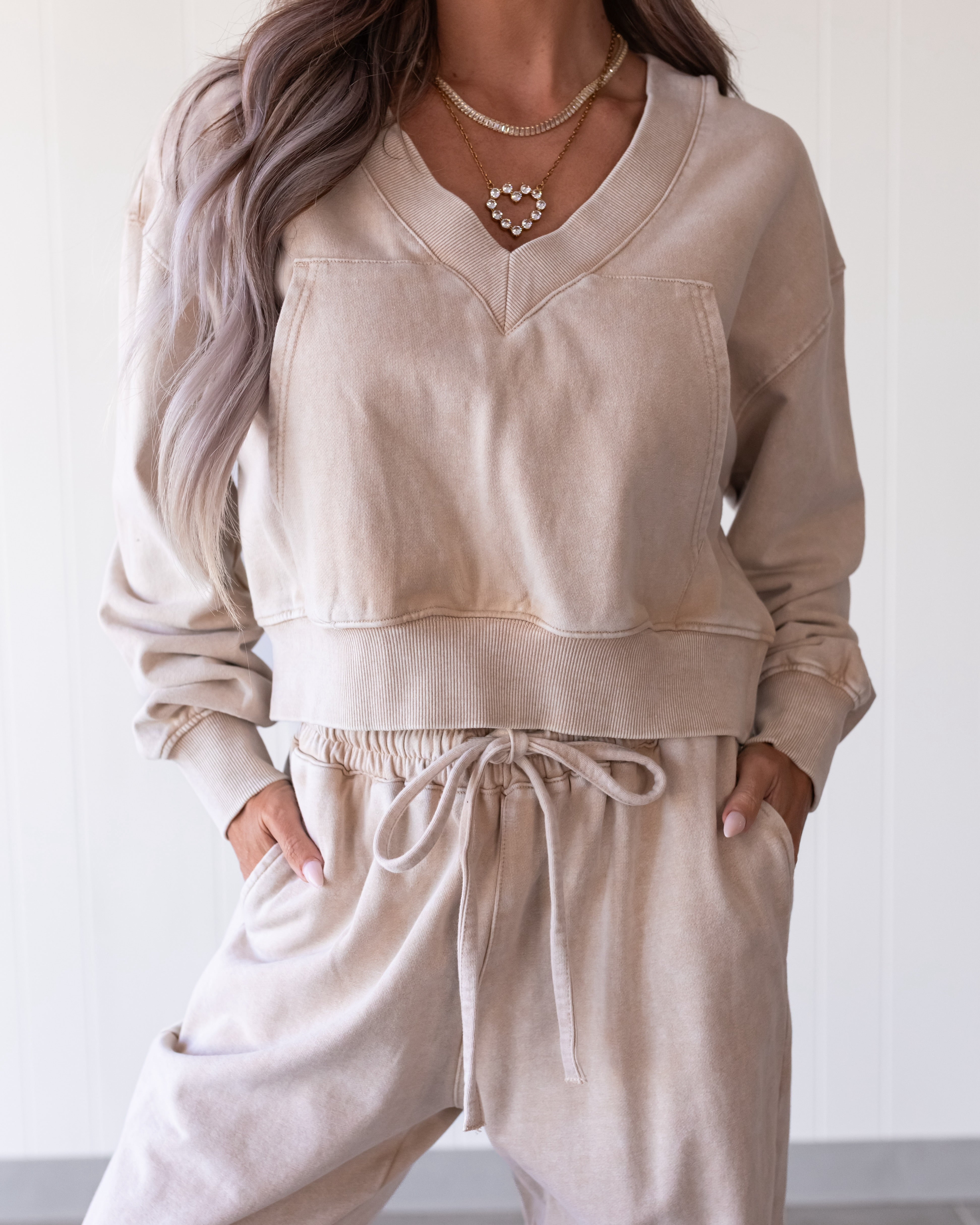 The Harper Lounge Crop Sweater - Washed Beige