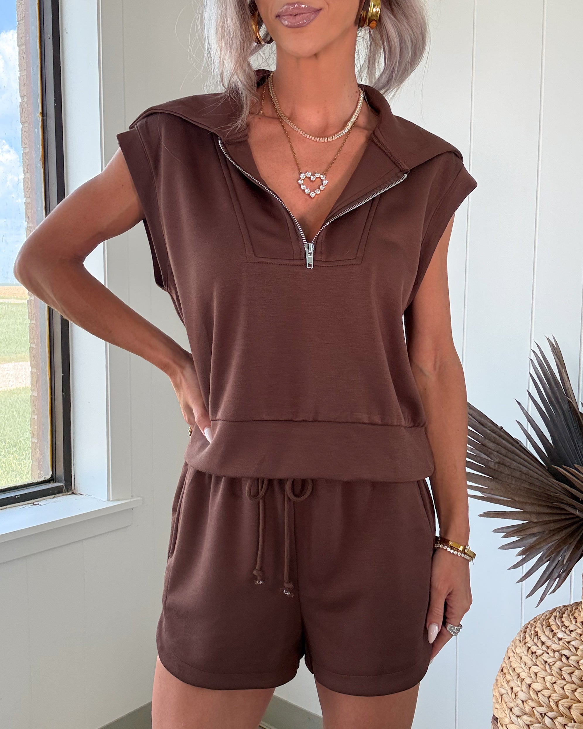 Blake Cropped Sweatshirt & Shorts Set - Chocolate