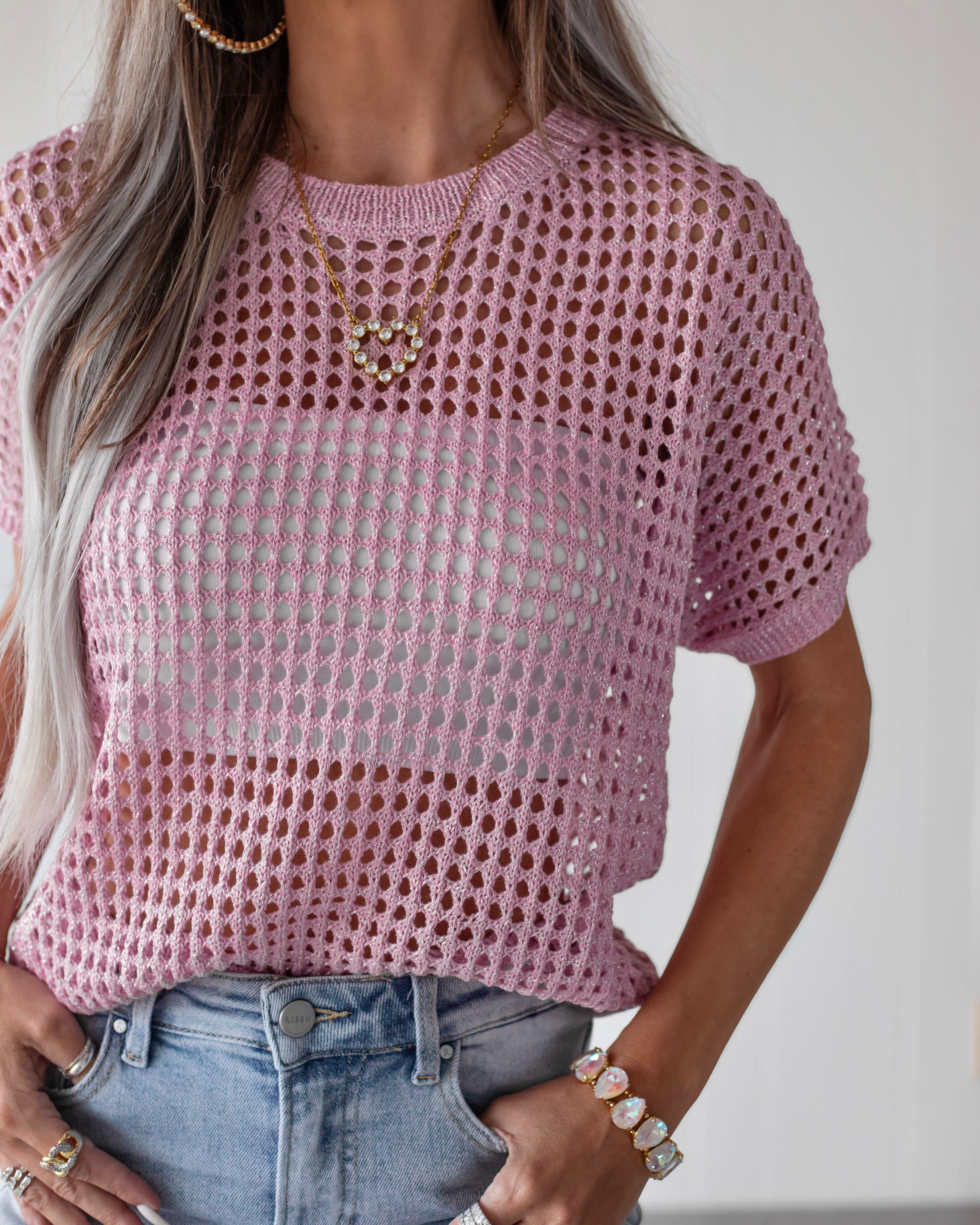 Open Weave Crochet Top - Pink/Silver