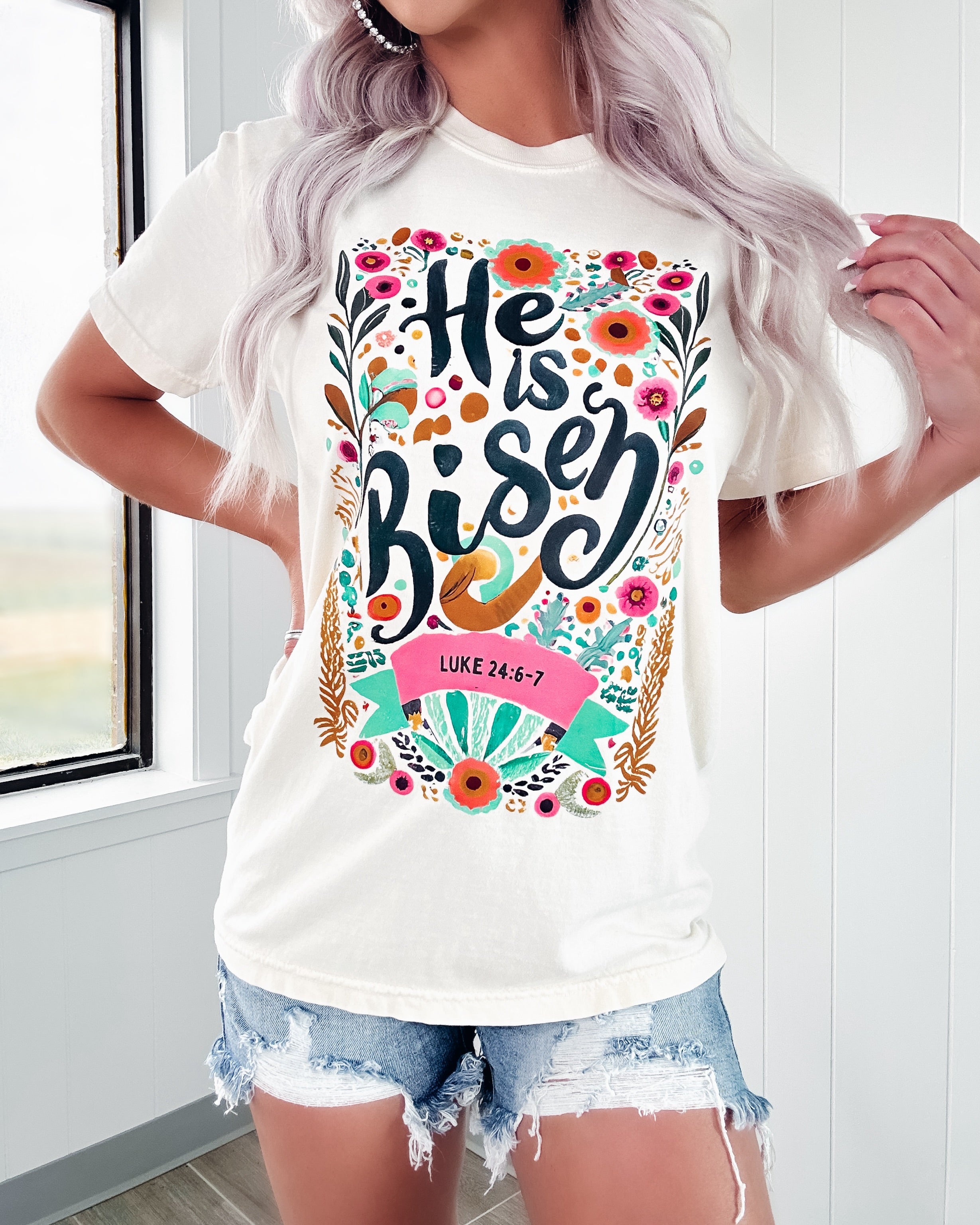 He Is Risen Floral Tee - Ivory