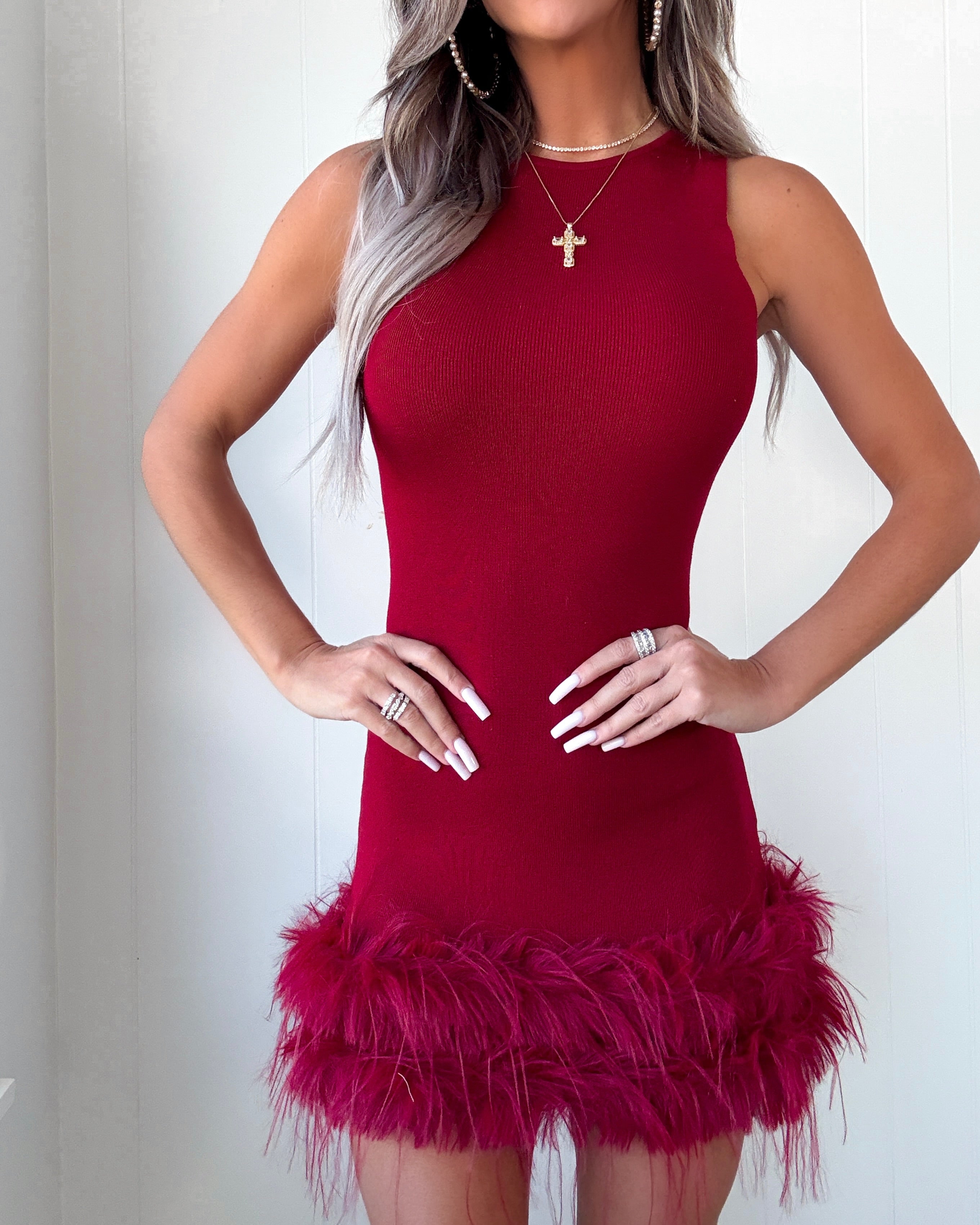 Mistletoe Magic Fur Hem Dress - Wine